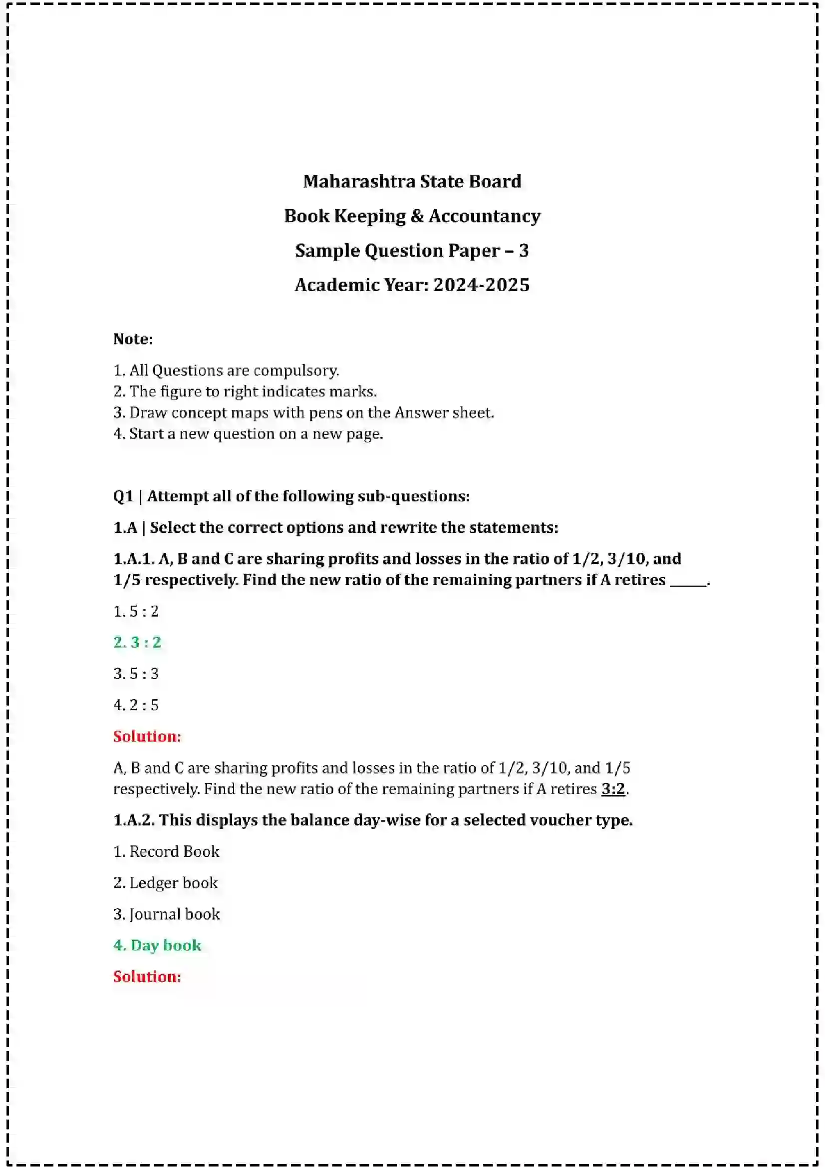 Maharashtra Board Class 12th 2025 Book Keeping & Accountancy Set - 3 - Sample Paper 1