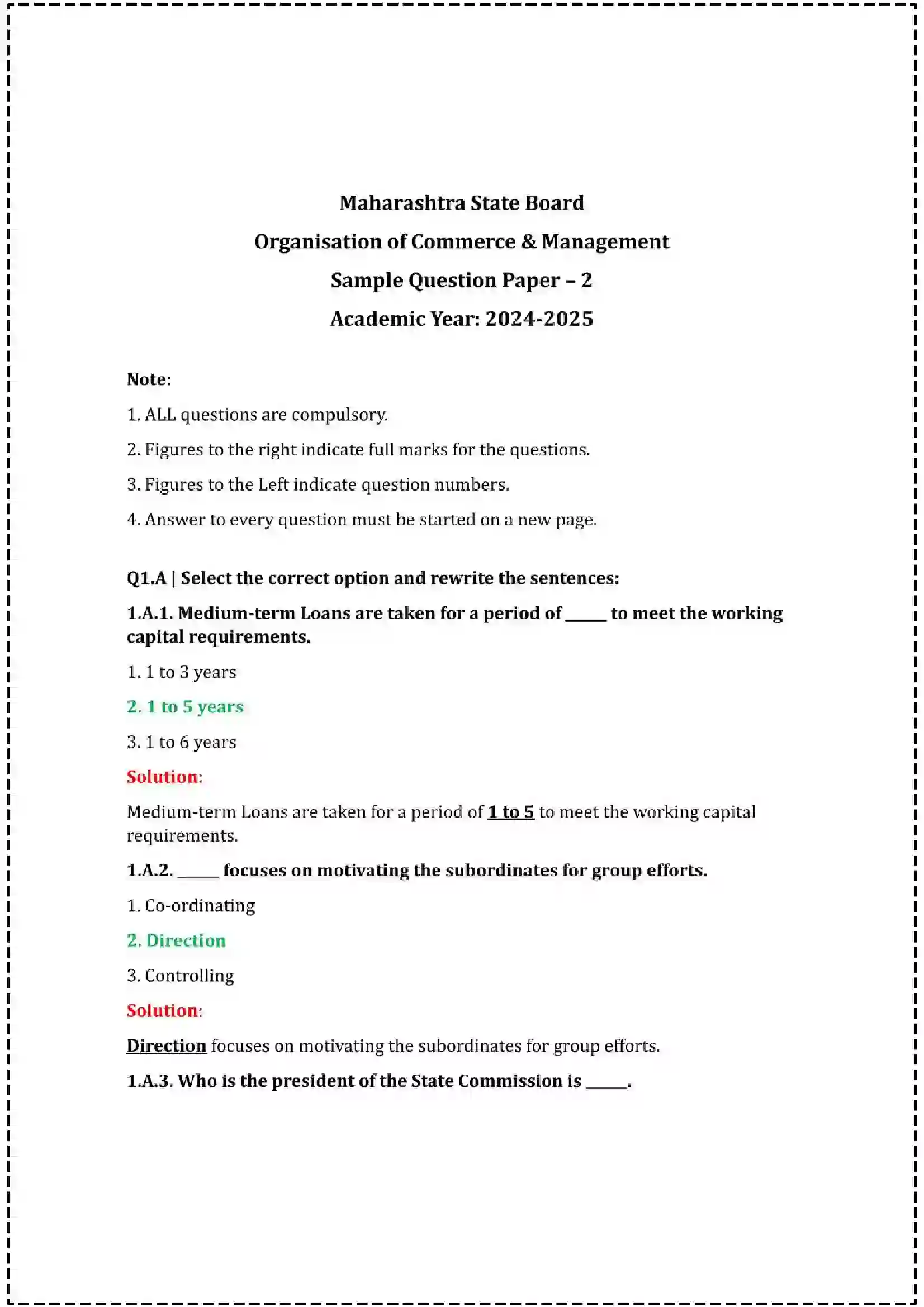 Maharashtra Board Class 12th 2025 Organisation of Commerce & Management Set - 2 - Sample Paper 1