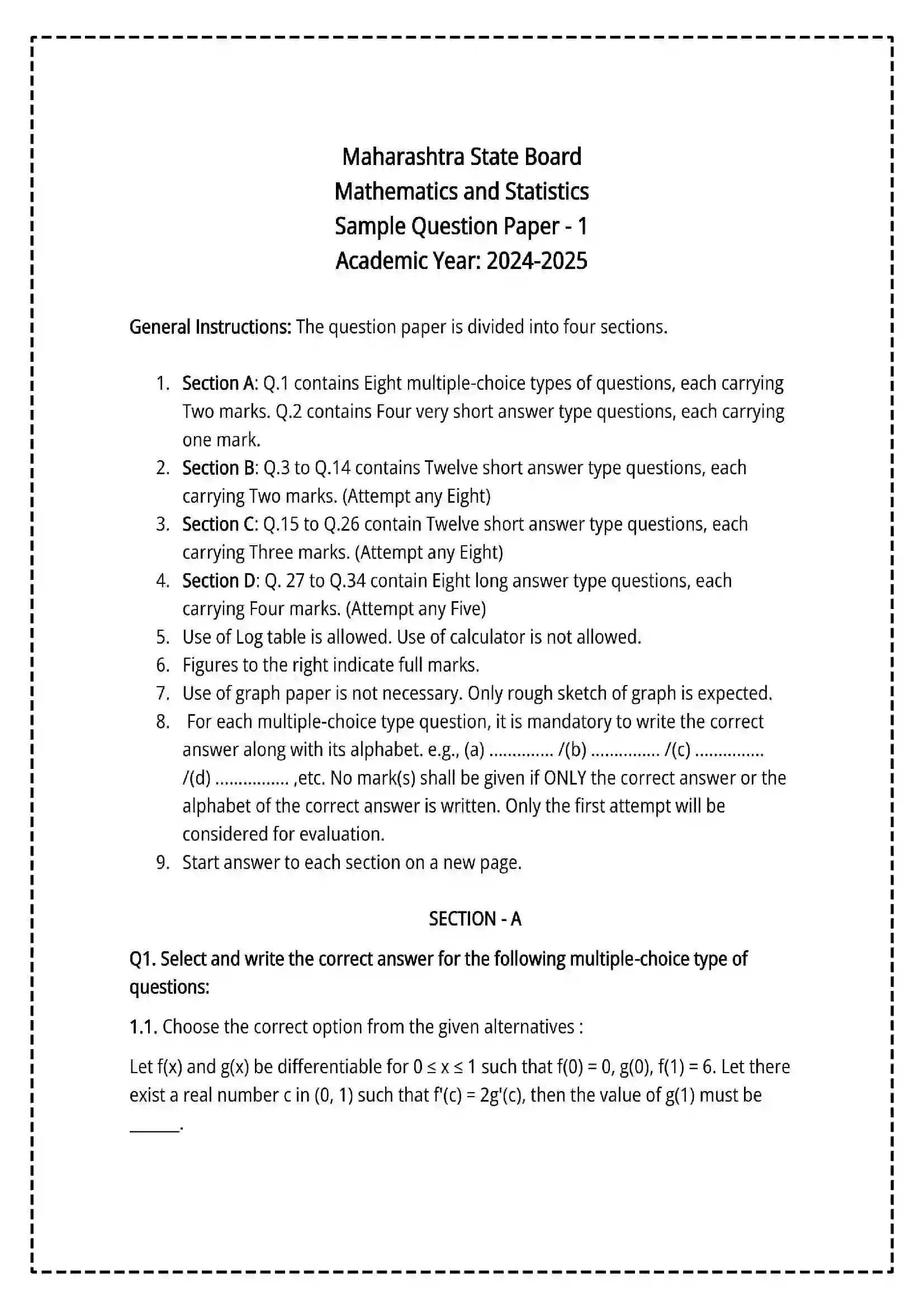 Maharashtra Board Class 12th 2025 Mathematics and Statistics Set - 1 - Sample Paper 1
