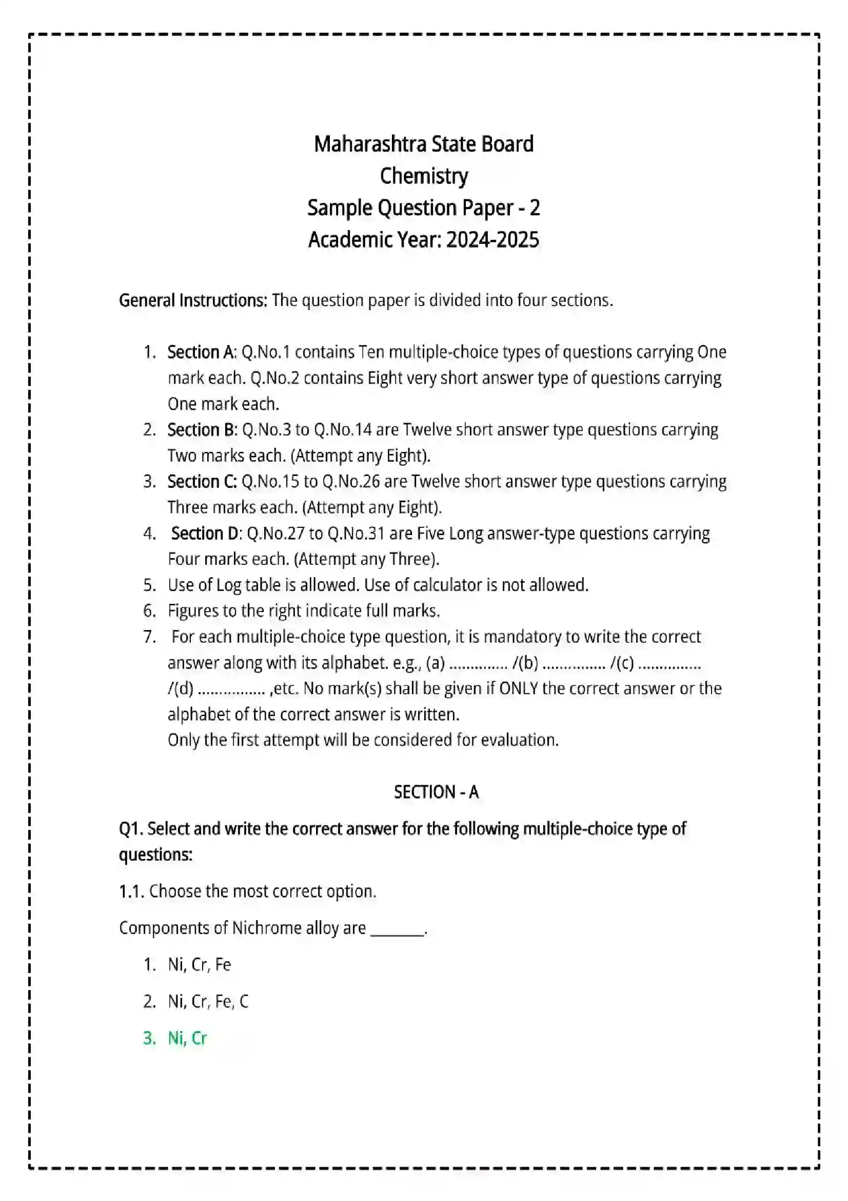Maharashtra Board Class 12th 2025 Chemistry Set - 2 - Sample Paper 1