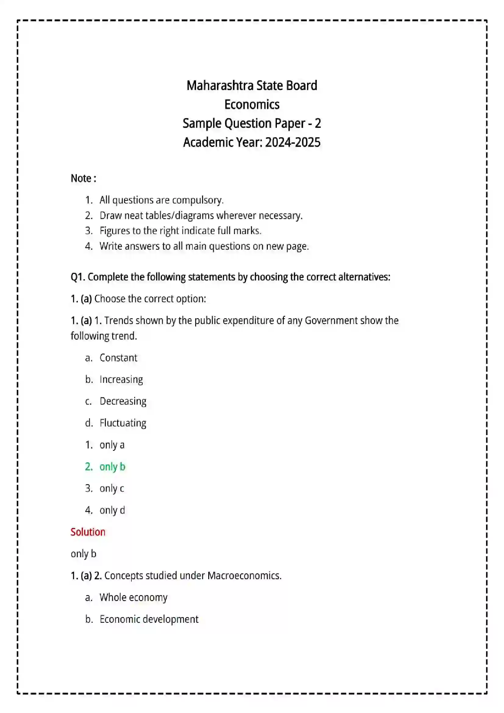 Maharashtra Board Class 12th 2025 Economics Set - 2 - Sample Paper 1