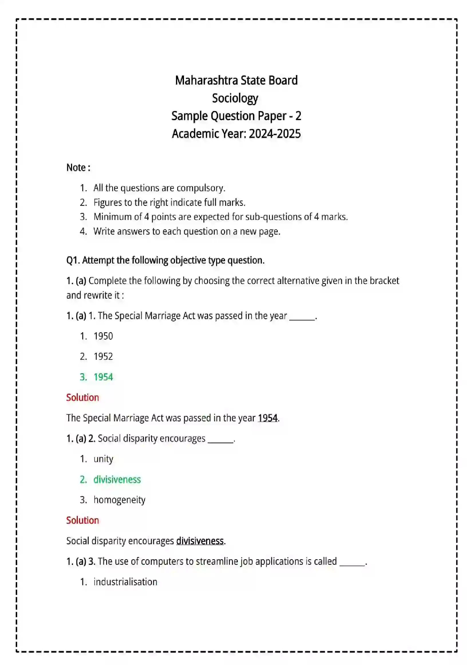Maharashtra Board Class 12th 2025 Sociology Set - 2 - Sample Paper 1