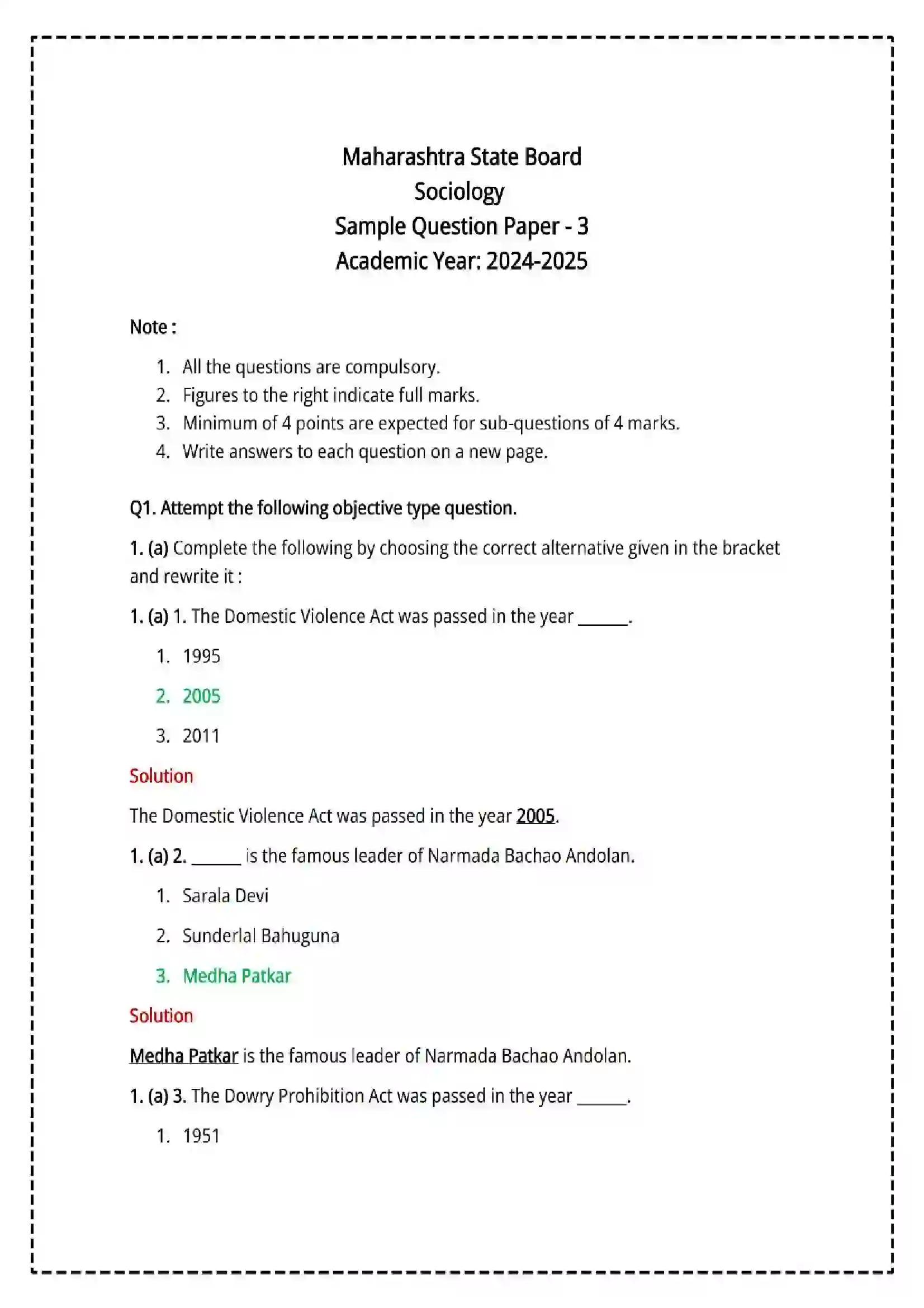 Maharashtra Board Class 12th 2025 Sociology Set - 3 - Sample Paper 1