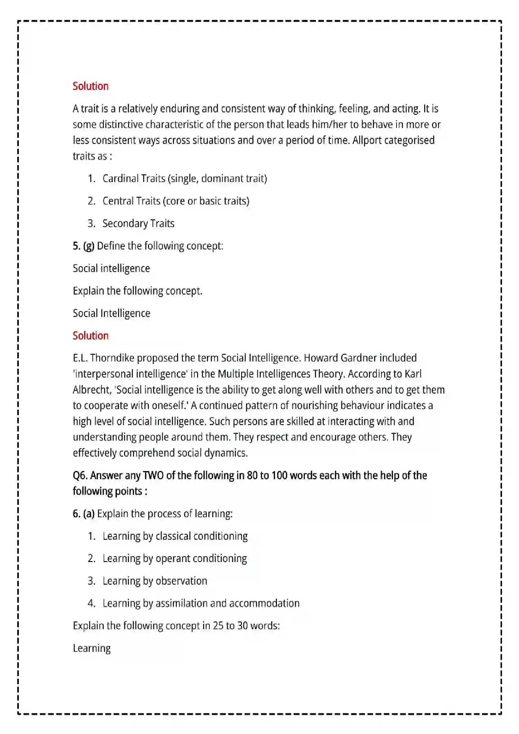 Maharashtra Board Class 12th 2025 Psychology Set - 1 - Sample Paper 17