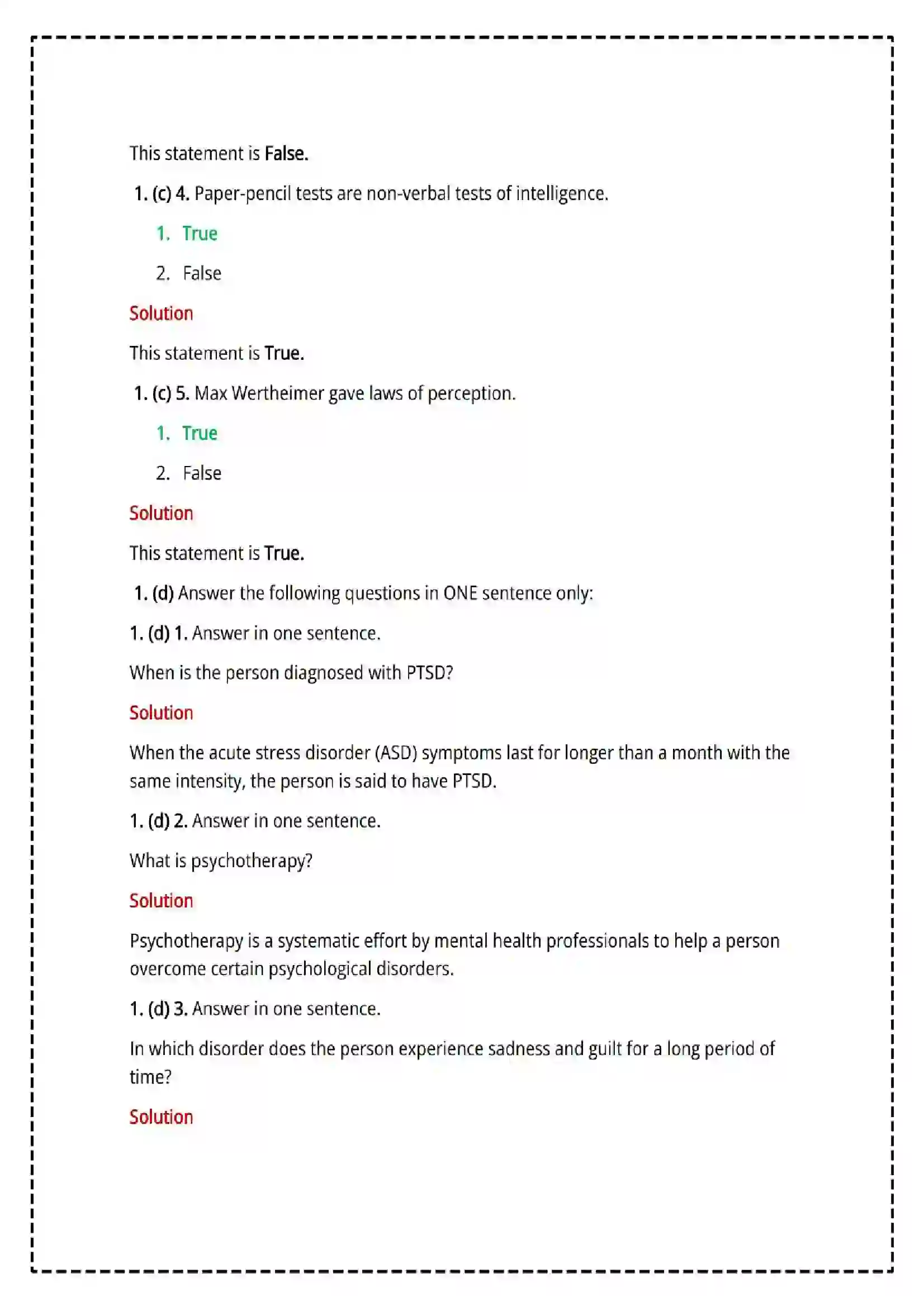 Maharashtra Board Class 12th 2025 Psychology Set - 1 - Sample Paper 4