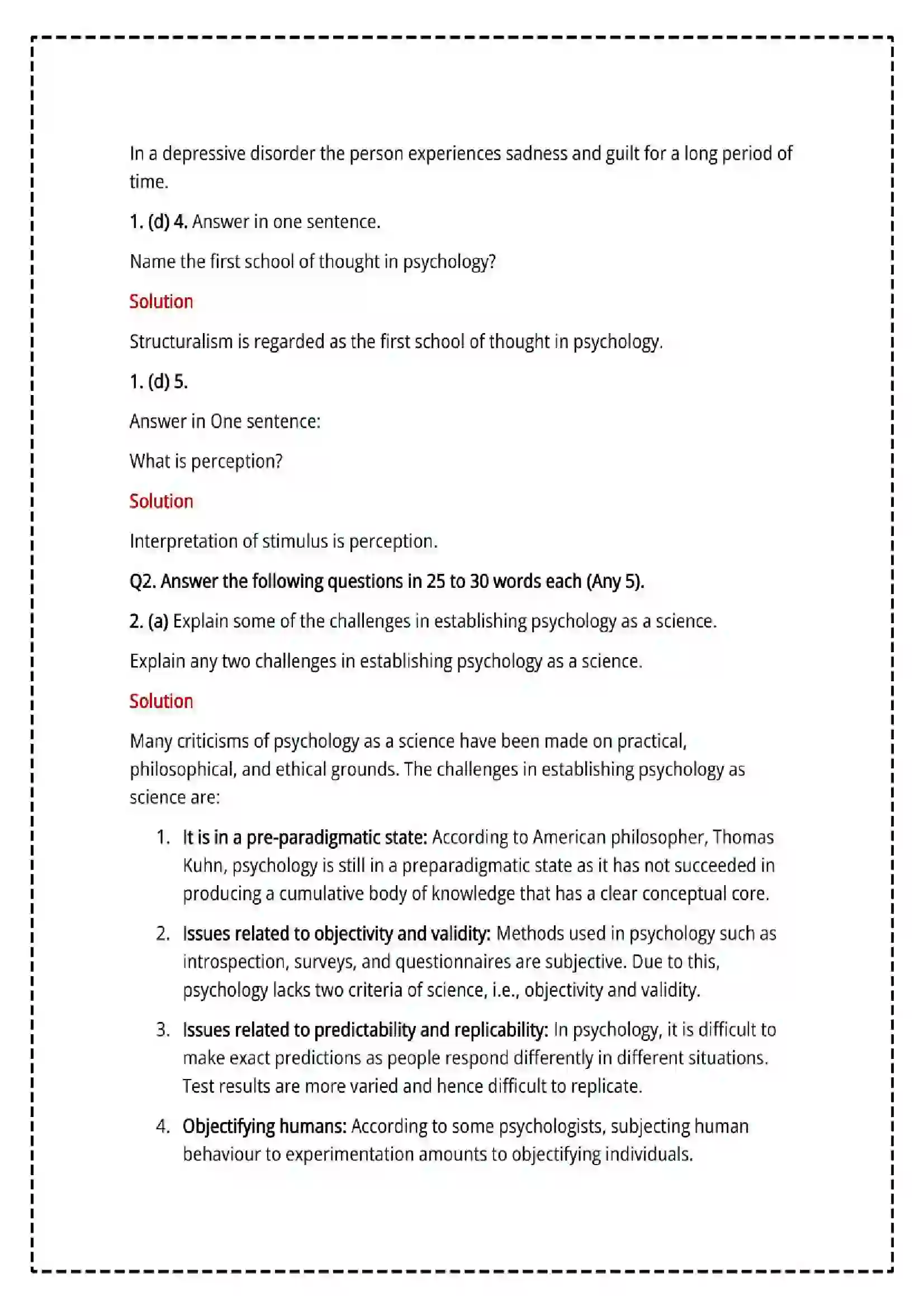 Maharashtra Board Class 12th 2025 Psychology Set - 1 - Sample Paper 5