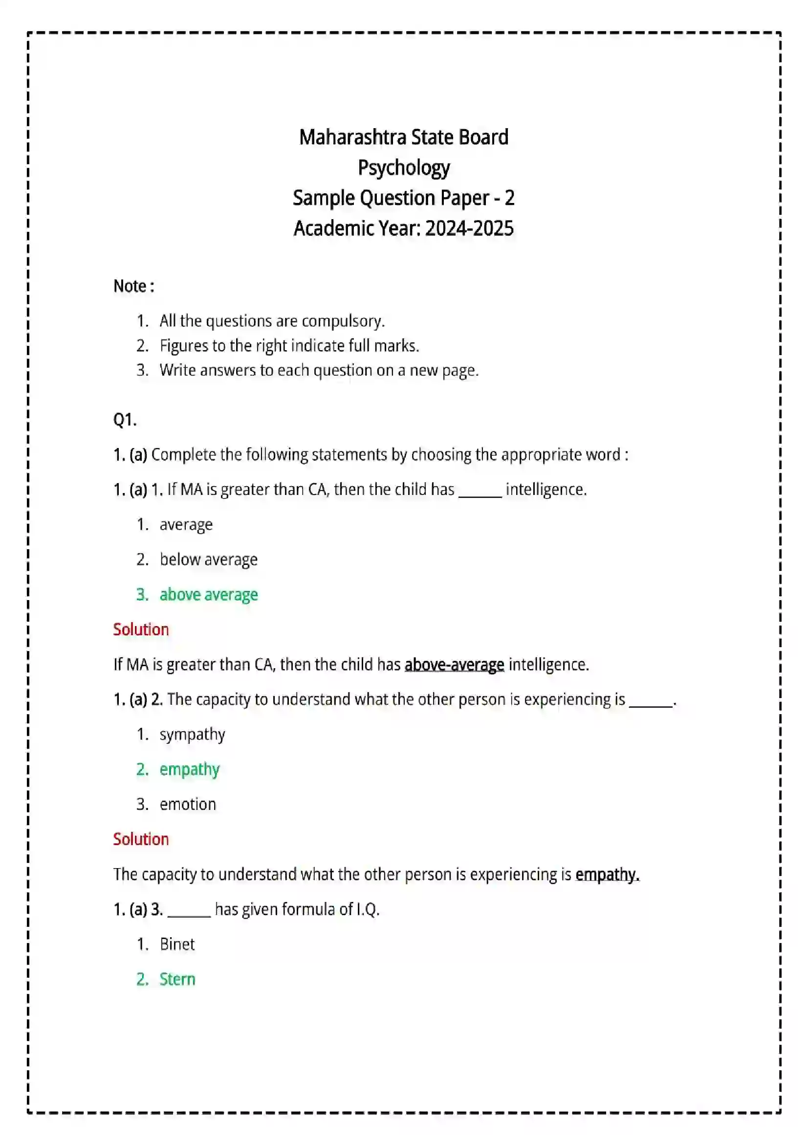 Maharashtra Board Class 12th 2025 Psychology Set - 2 - Sample Paper 1