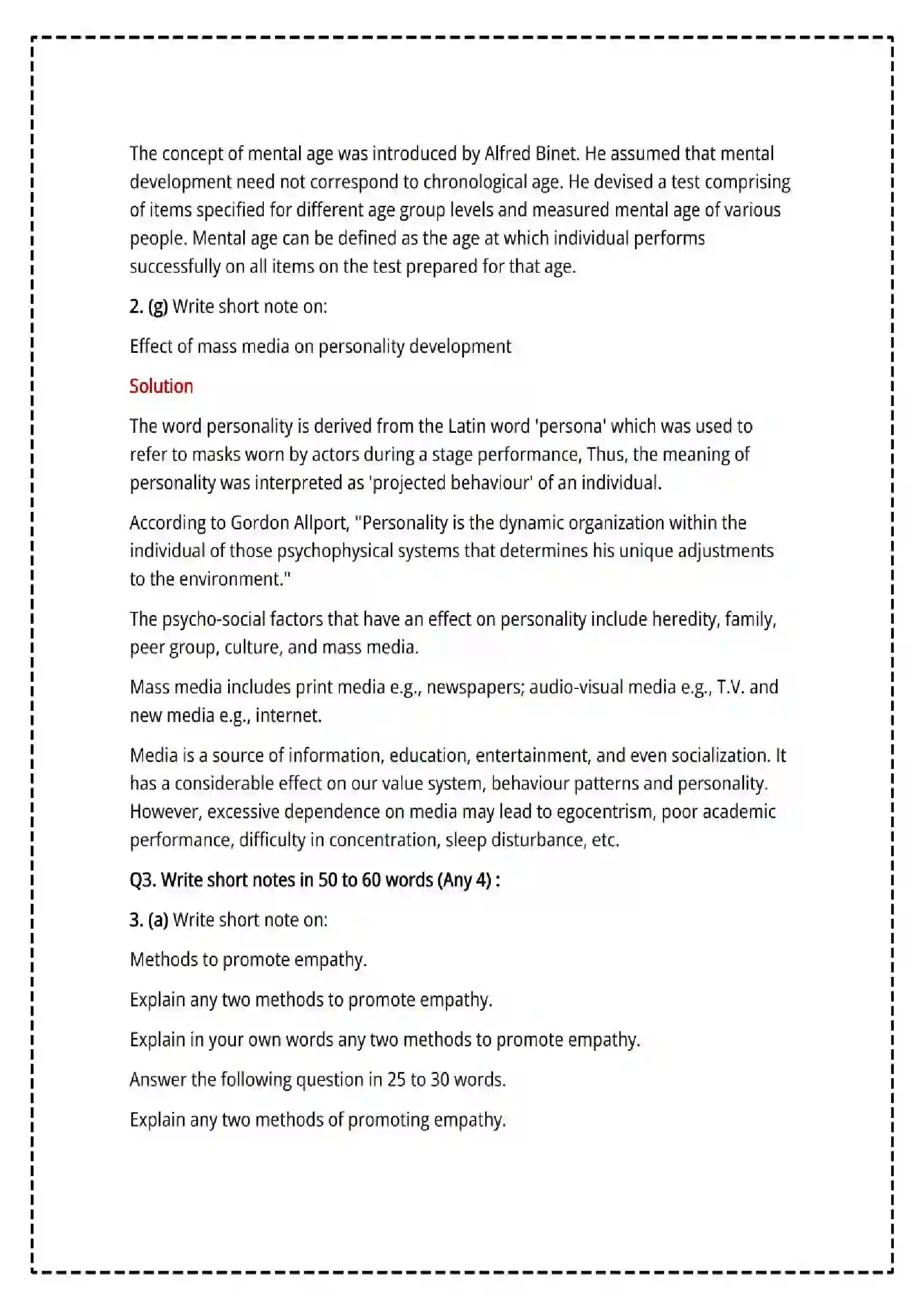 Maharashtra Board Class 12th 2025 Psychology Set - 2 - Sample Paper 8