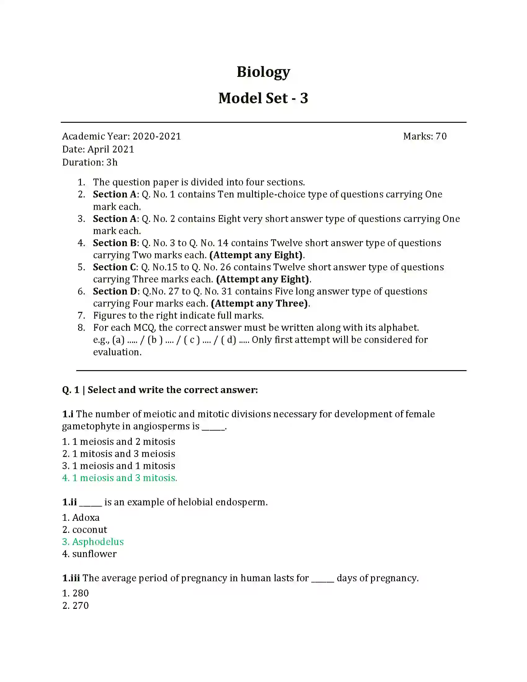 Maharashtra Board Class 12th 2025 Biology Set 1 Sample Paper 1