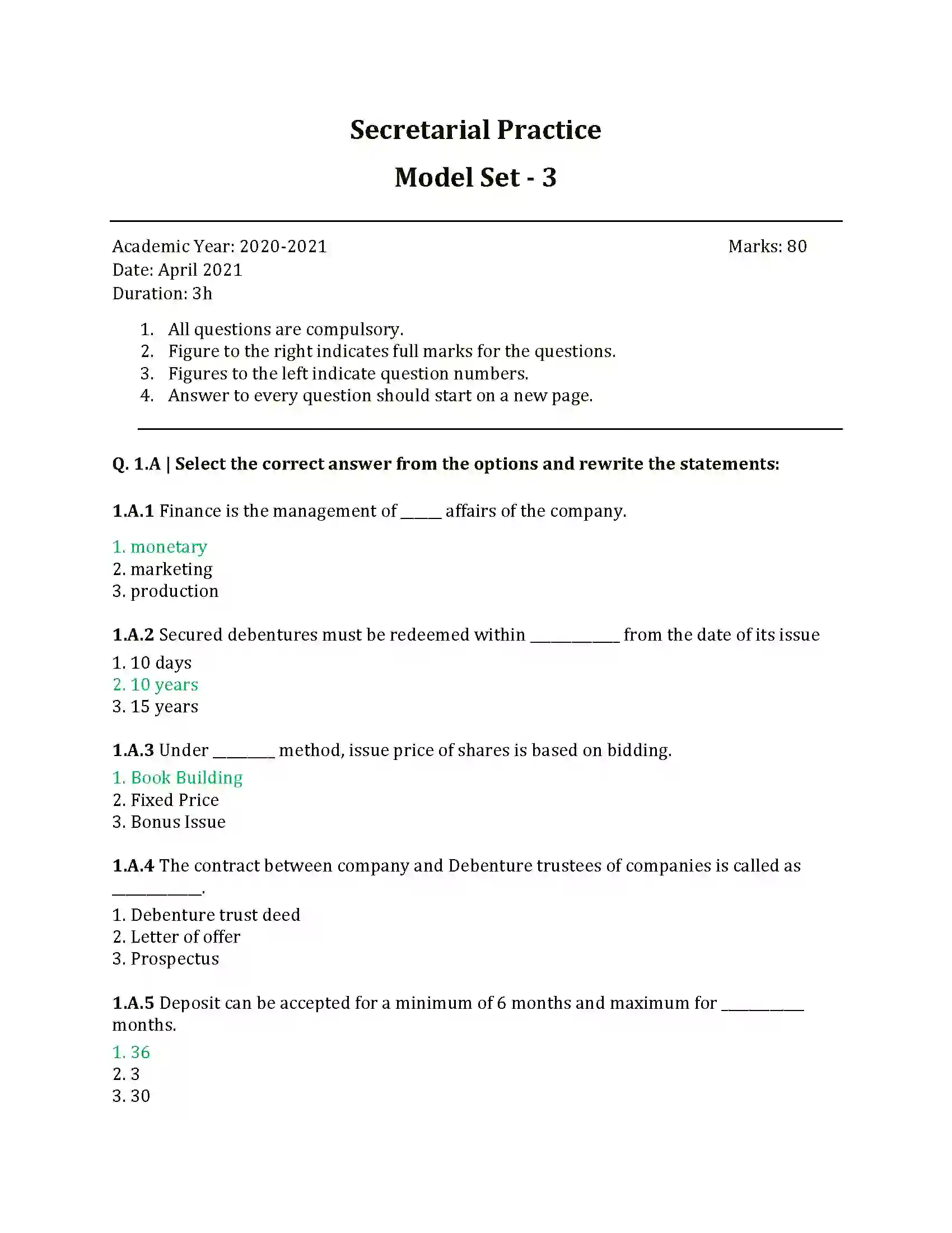 Maharashtra Board Class 12th 2025 Secretarial Practice Set 1 Sample Paper 1