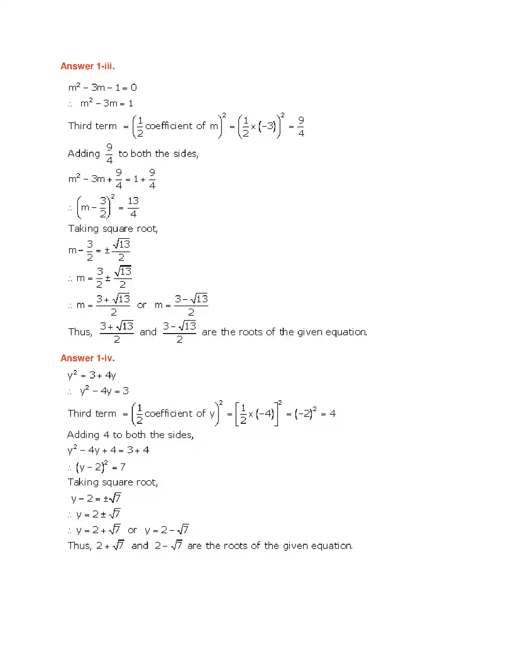 Maharashtra Board Class 10th Algebra - English Medium Quadratic Equations Solution 19