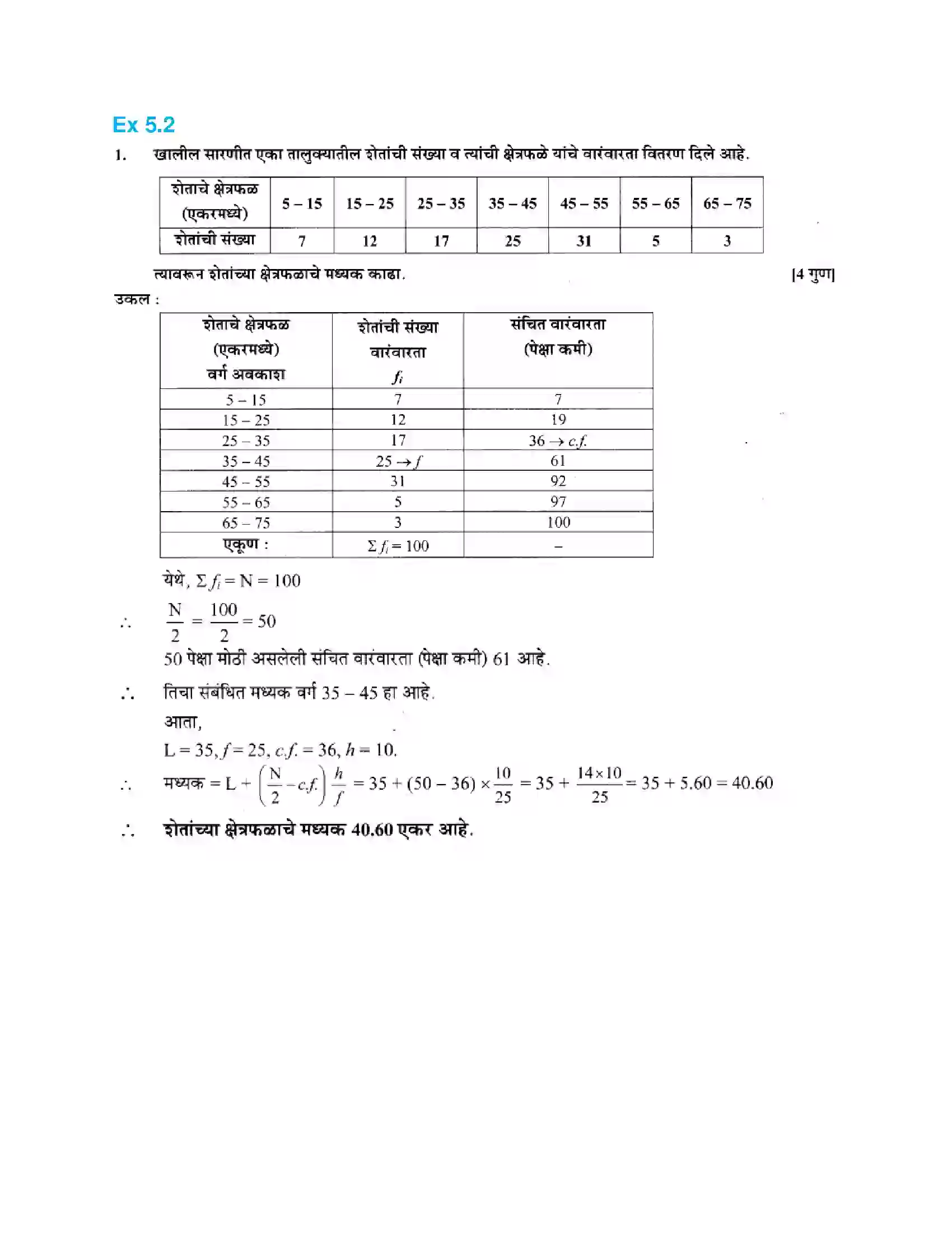 Maharashtra Board Class 10th Algebra - Marathi Medium Statistics – I Solution 7