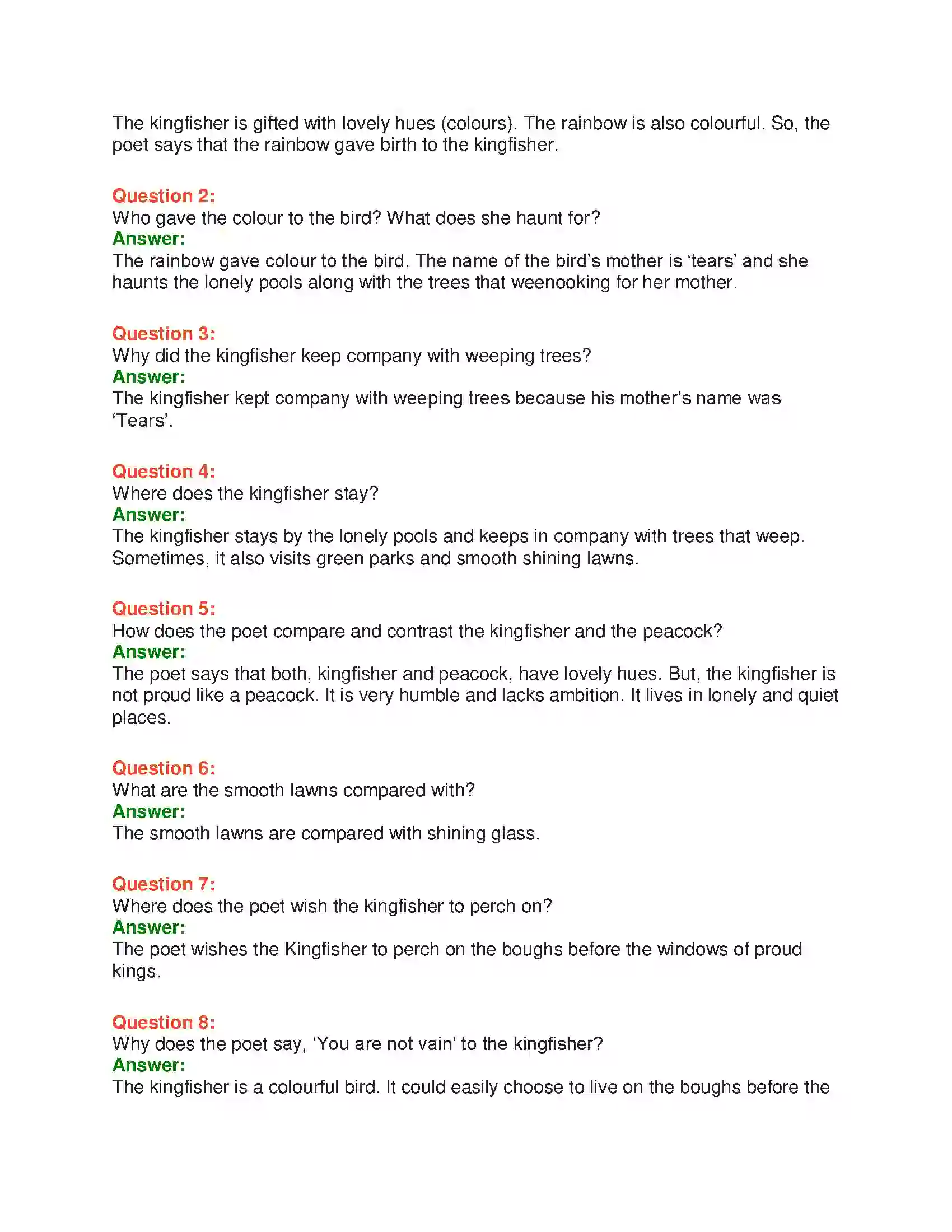 Maharashtra Board Class 10th English 2.1 The Kingfisher - Birds & Animals Solution 5