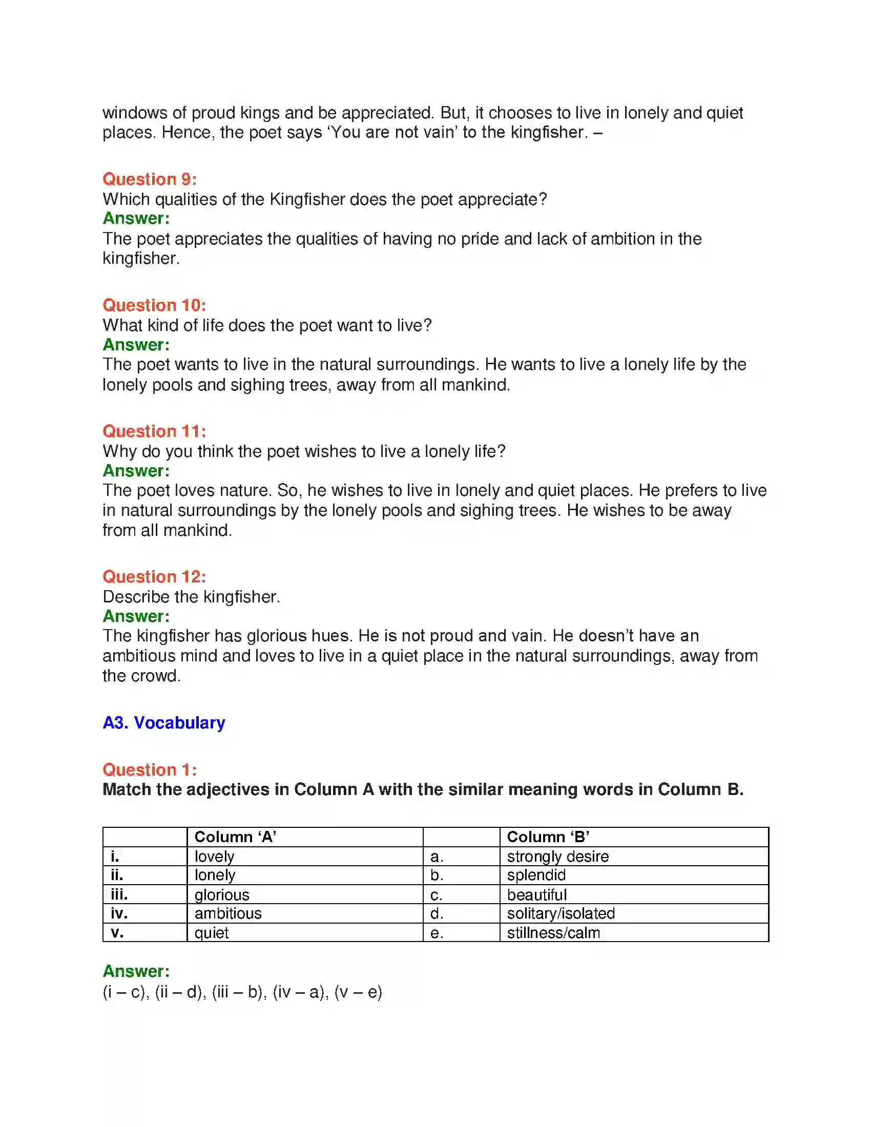 Maharashtra Board Class 10th English 2.1 The Kingfisher - Birds & Animals Solution 6