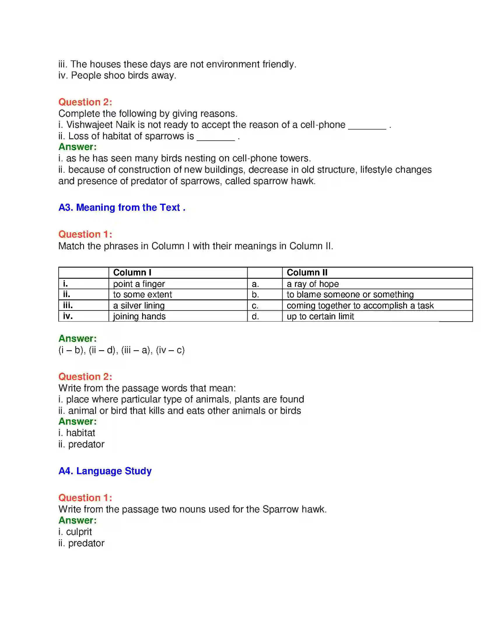 Maharashtra Board Class 10th English 2.2 Sorrows Of Sparrows - Birds & Animals Solution 12