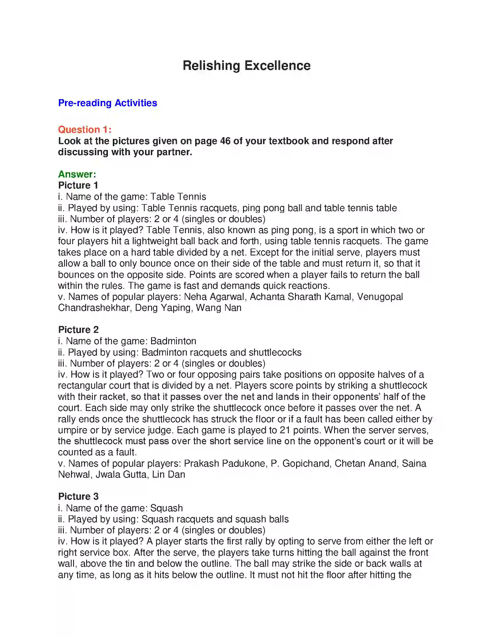 Maharashtra Board Class 10th English 3.1 Relishing Excellence - Sports & Adventure Solution 1
