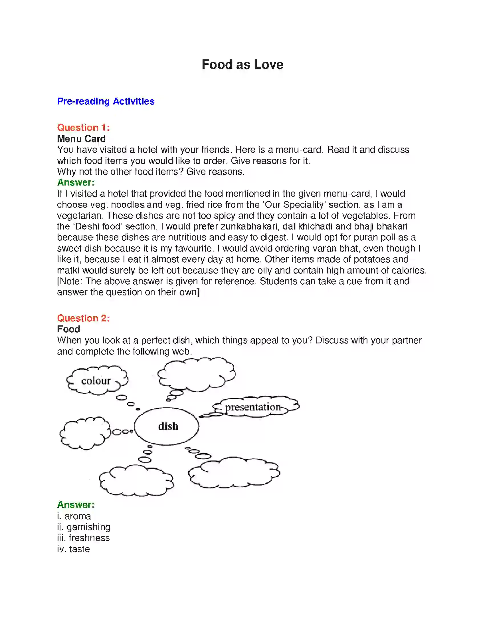 Maharashtra Board Class 10th English 5.2 Food As Love - Food & Health Solution 1