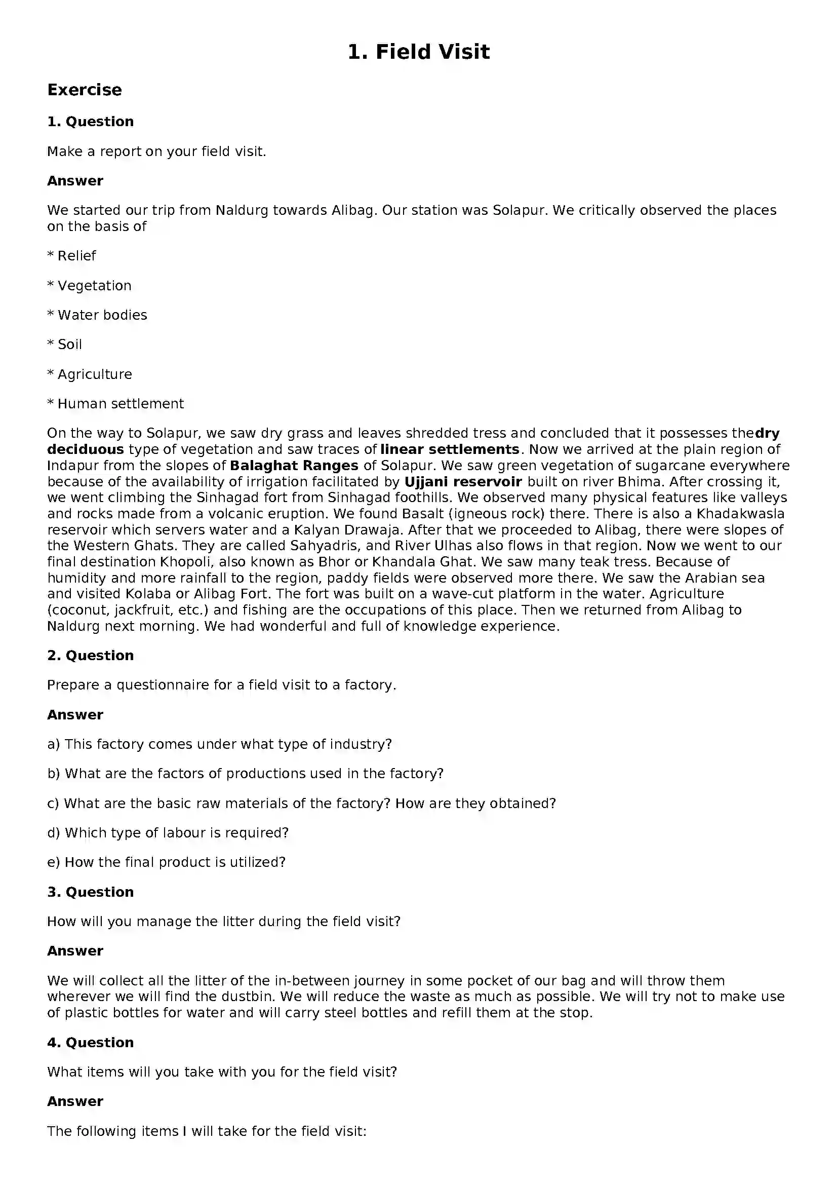 Maharashtra Board Class 10th Geography - English Medium Field Visit Solution 1