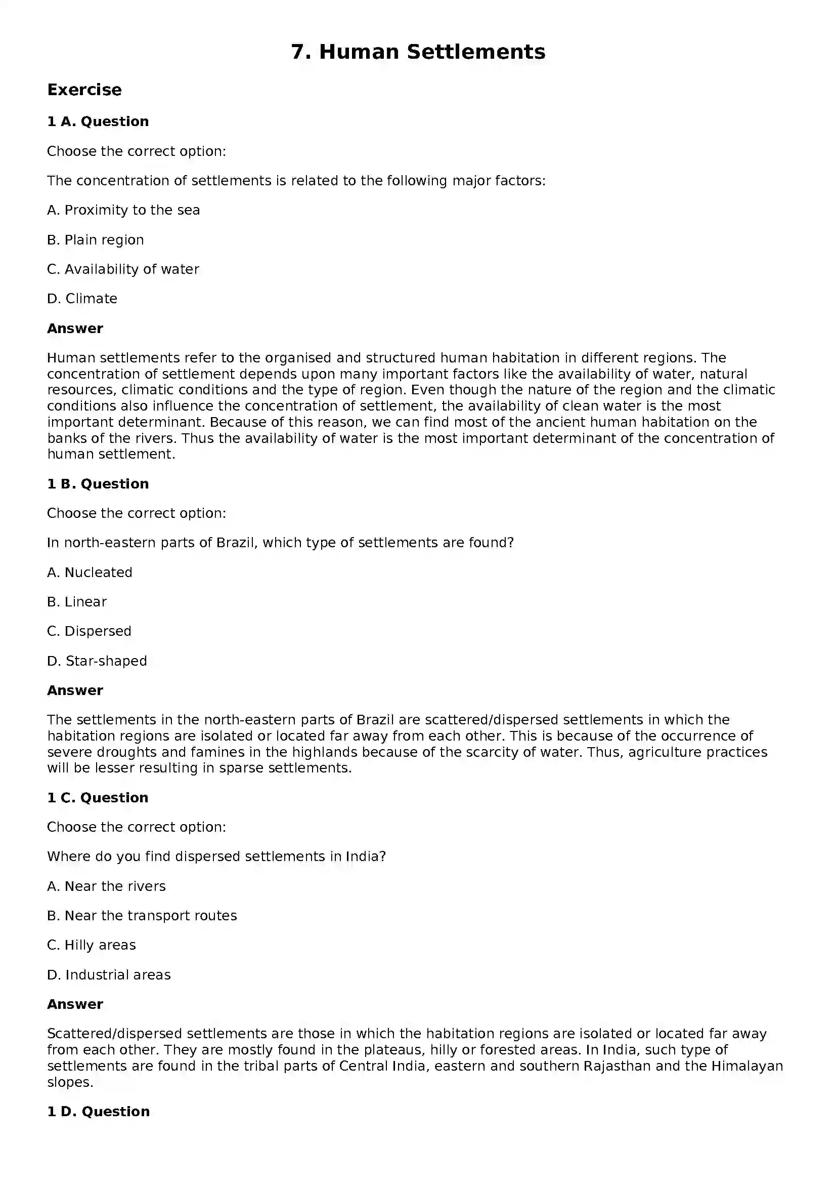 Maharashtra Board Class 10th Geography - English Medium Human Settlements Solution 1