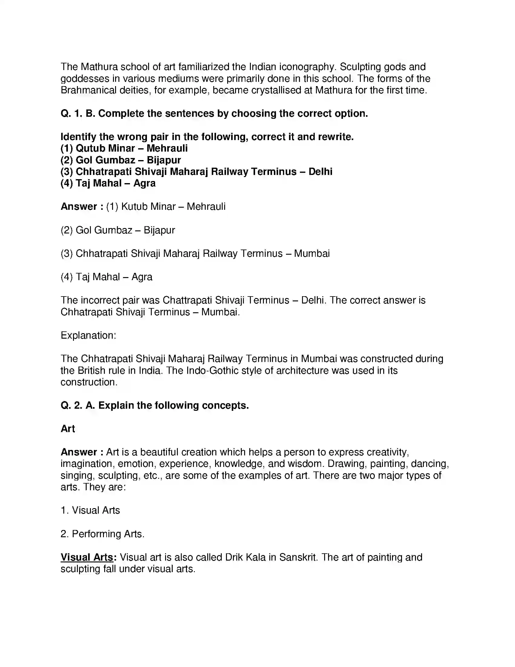 Maharashtra Board Class 10th History - English Medium History of Indian Arts Solution 2