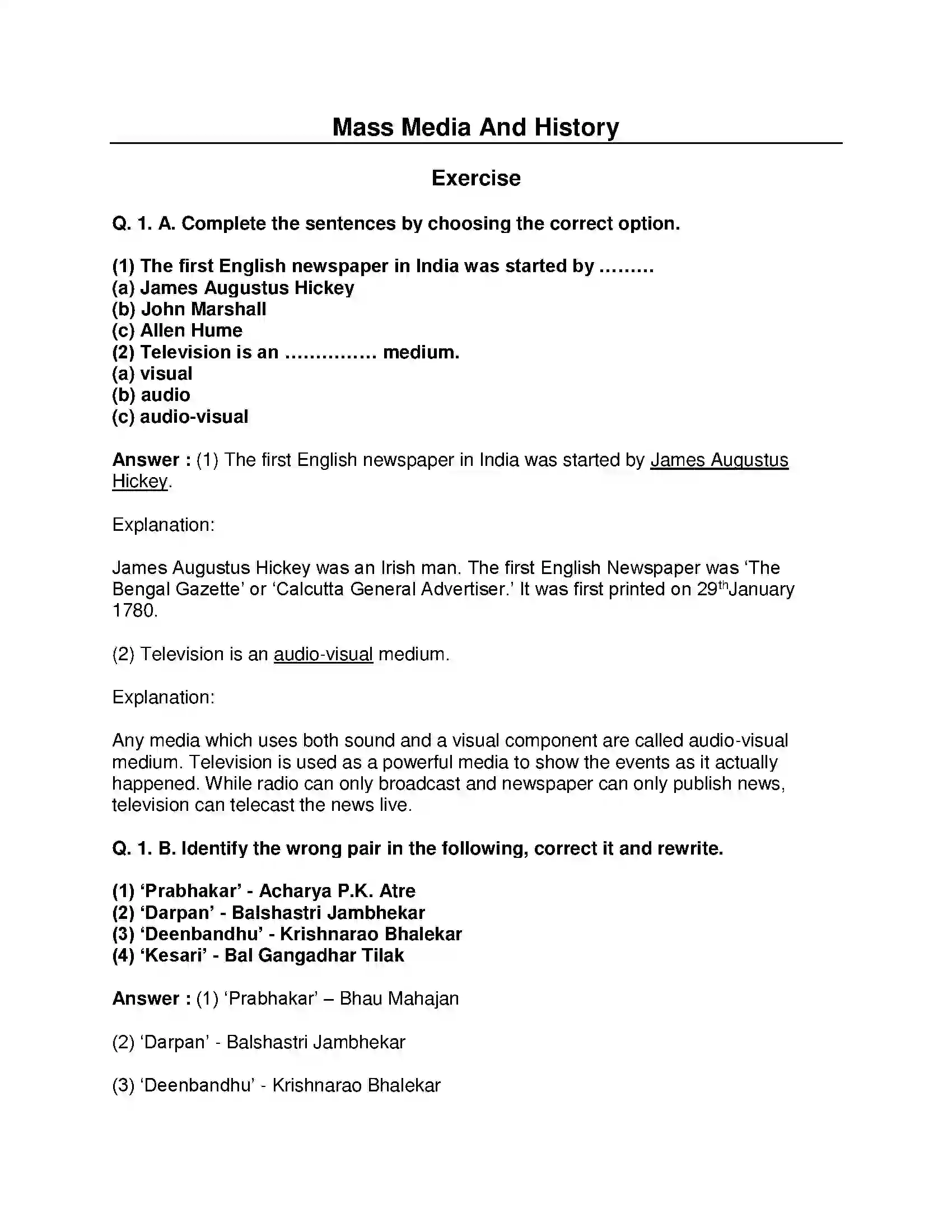 Maharashtra Board Class 10th History - English Medium Mass Media and History Solution 1