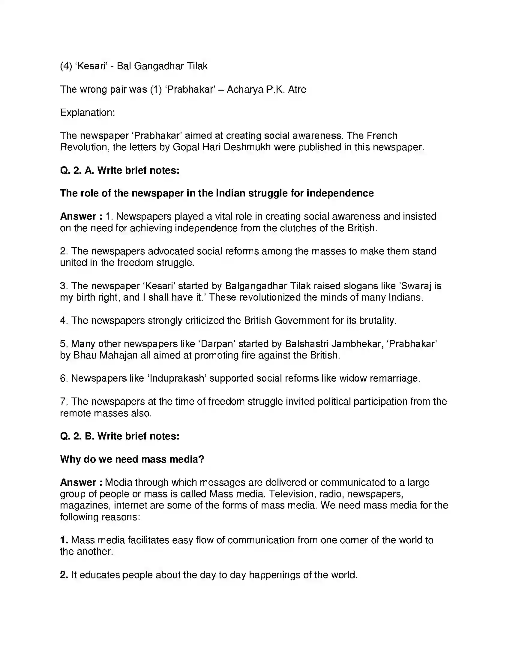 Maharashtra Board Class 10th History - English Medium Mass Media and History Solution 2