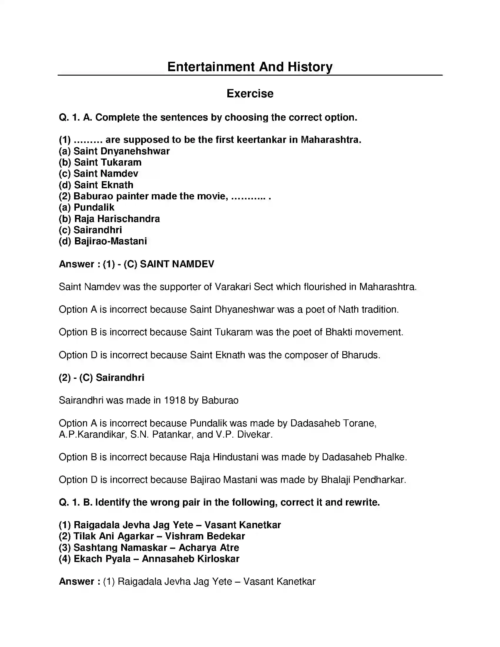 Maharashtra Board Class 10th History - English Medium Entertainment and History Solution 1