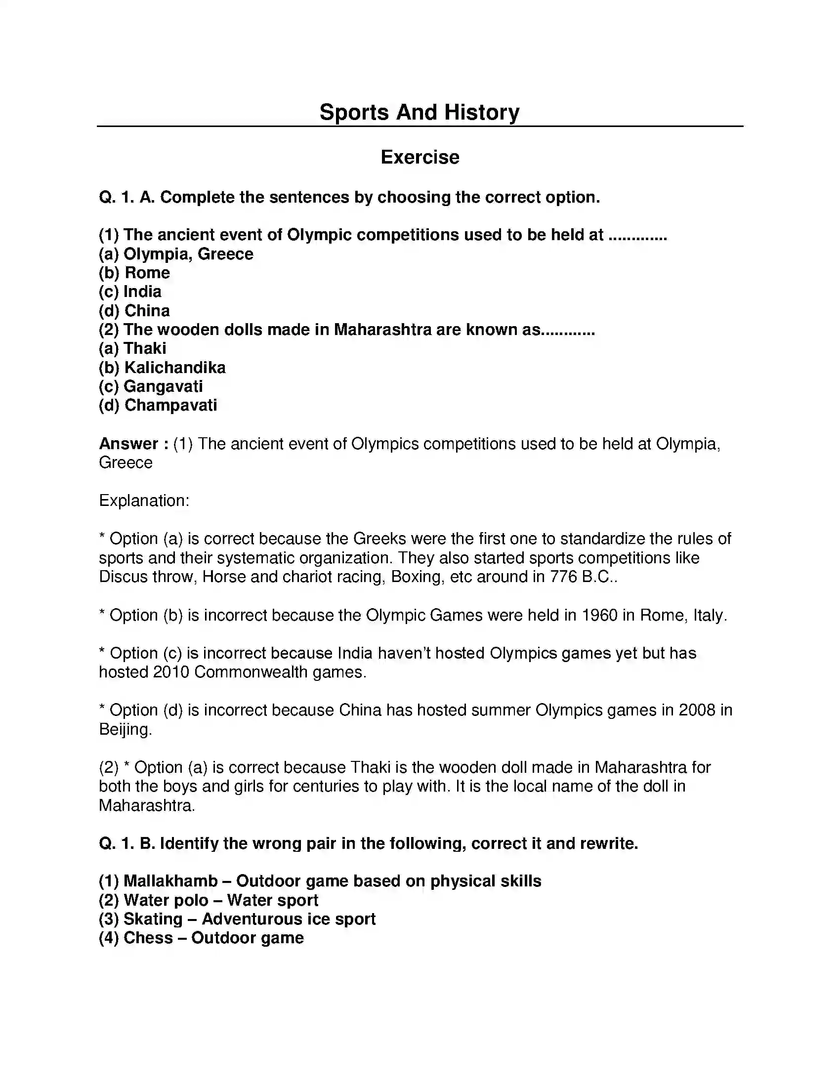 Maharashtra Board Class 10th History - English Medium Sports and History Solution 1