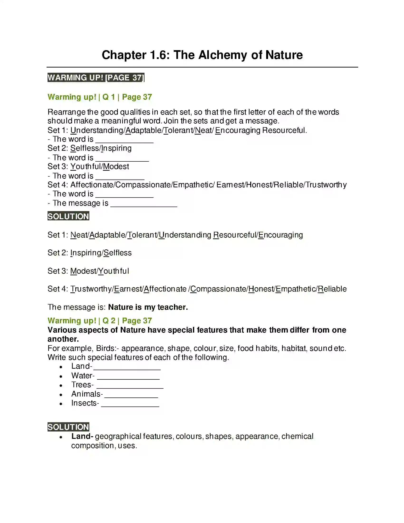 Maharashtra Board Class 10th Kumarbharati - English Medium 1.6 The Alchemy of Nature Solution 1