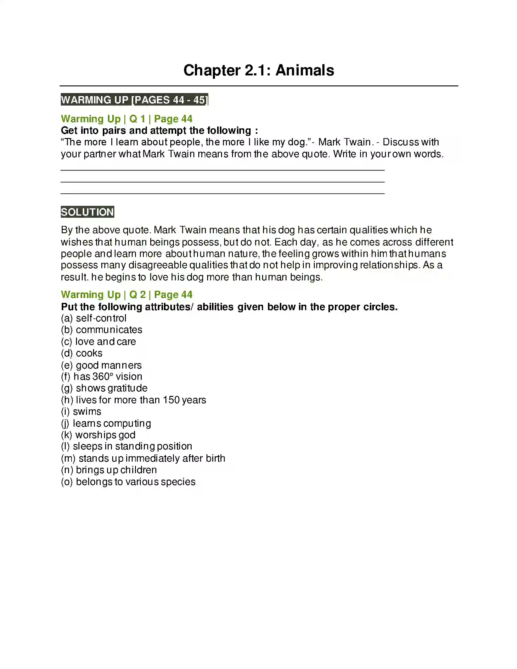 Maharashtra Board Class 10th Kumarbharati - English Medium 2.1 Animals Solution 1