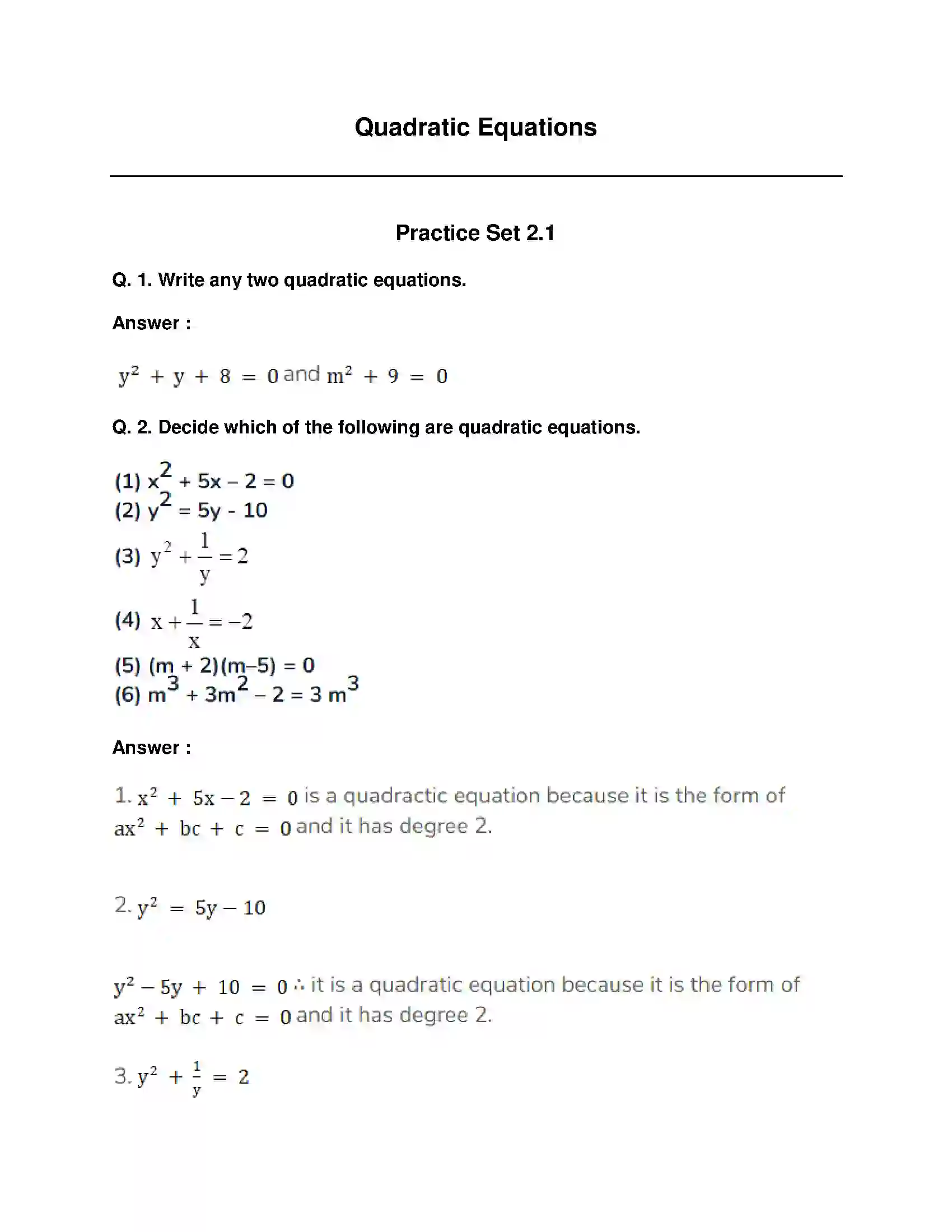 Maharashtra Board Class 10th Mathematics Part-I - English Medium Quadratic Equations Solution 1