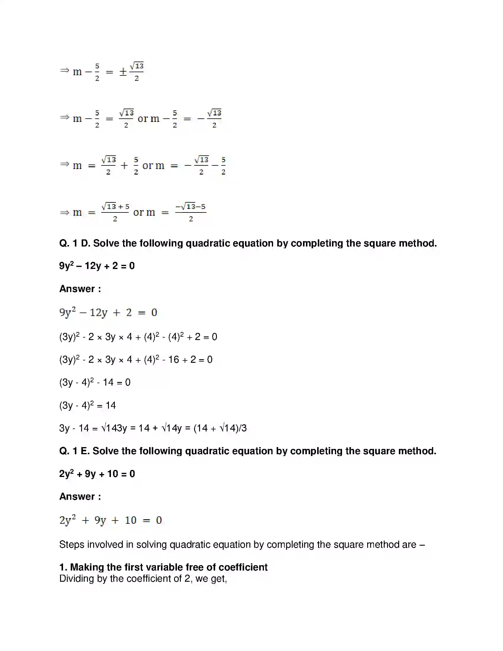Maharashtra Board Class 10th Mathematics Part-I - English Medium Quadratic Equations Solution 16