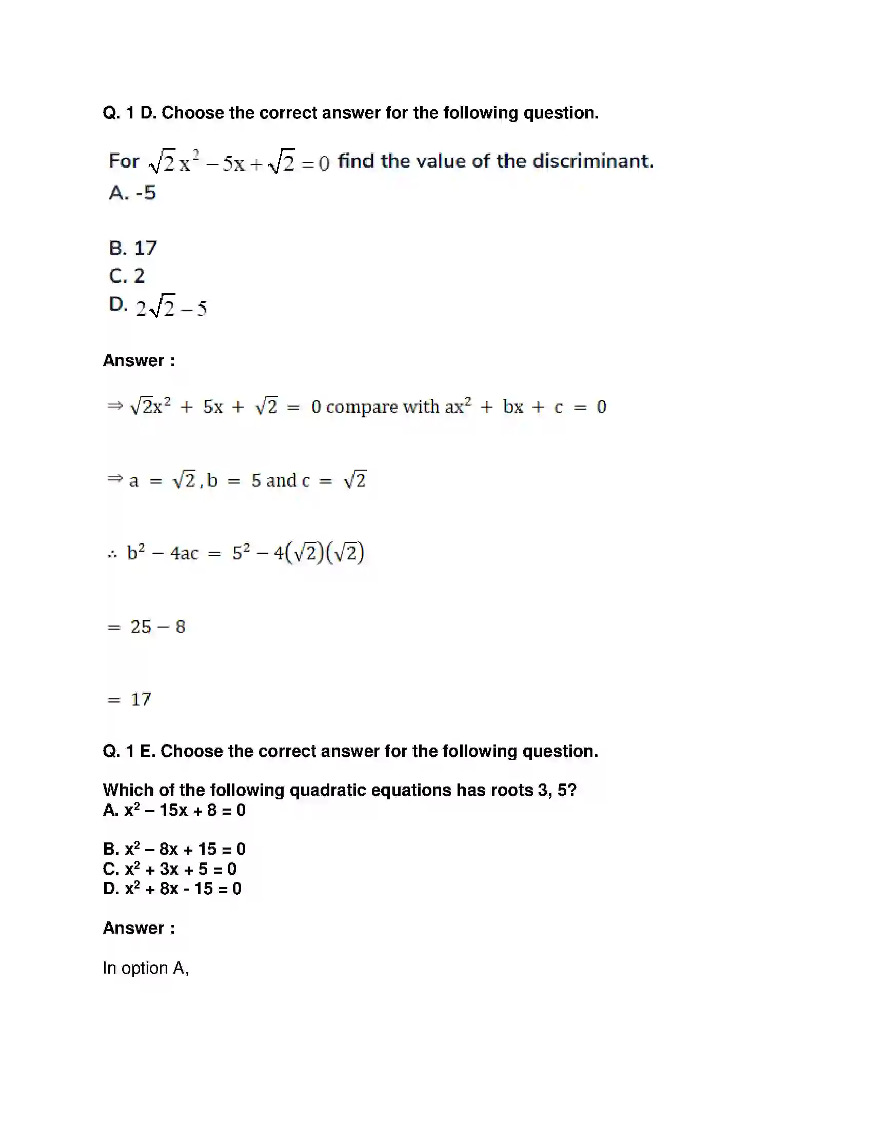 Maharashtra Board Class 10th Mathematics Part-I - English Medium Quadratic Equations Solution 44