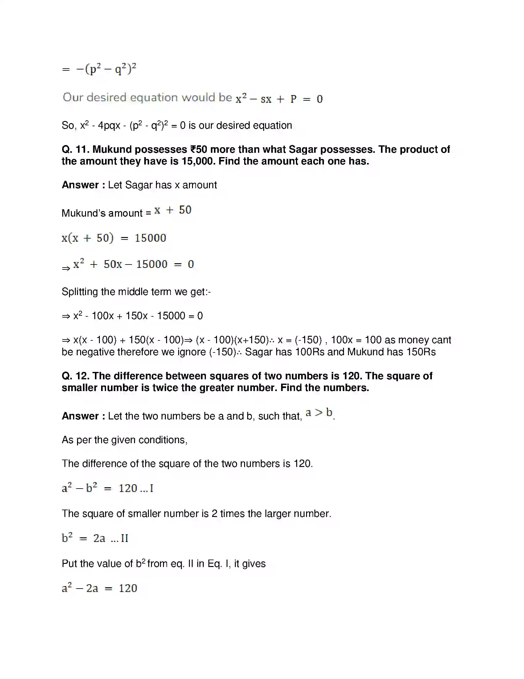 Maharashtra Board Class 10th Mathematics Part-I - English Medium Quadratic Equations Solution 59