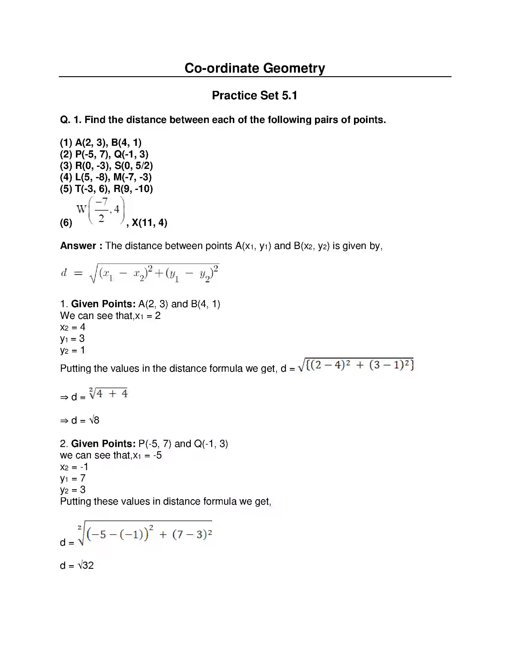 Maharashtra Board Class 10th Mathematics Part-II - English Medium Co-ordinate Geometry Solution 1