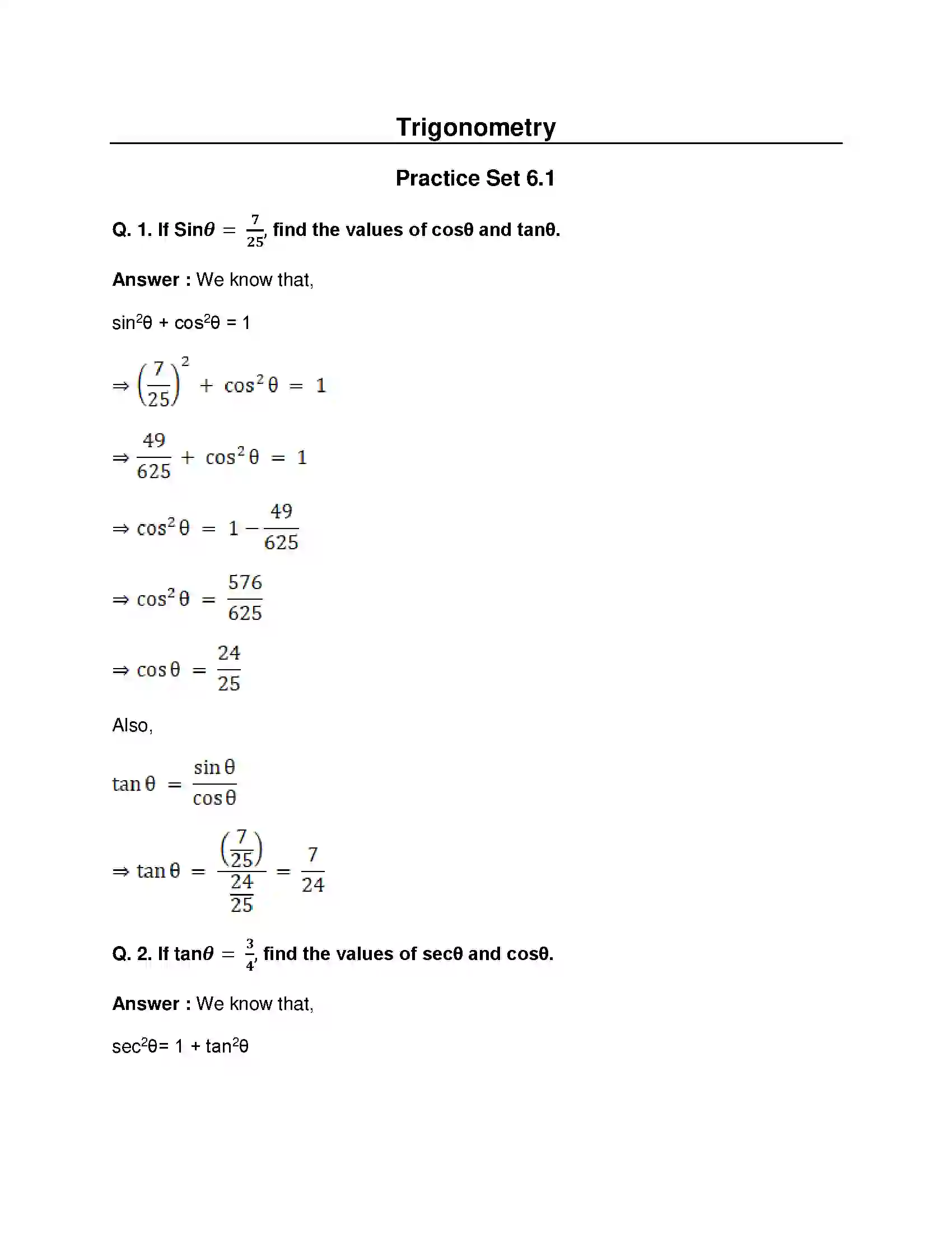 Maharashtra Board Class 10th Mathematics Part-II - English Medium Trigonometry Solution 1
