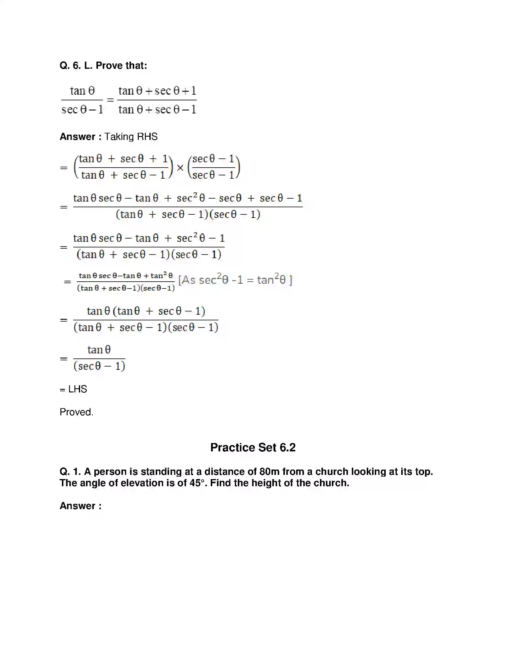 Maharashtra Board Class 10th Mathematics Part-II - English Medium Trigonometry Solution 12