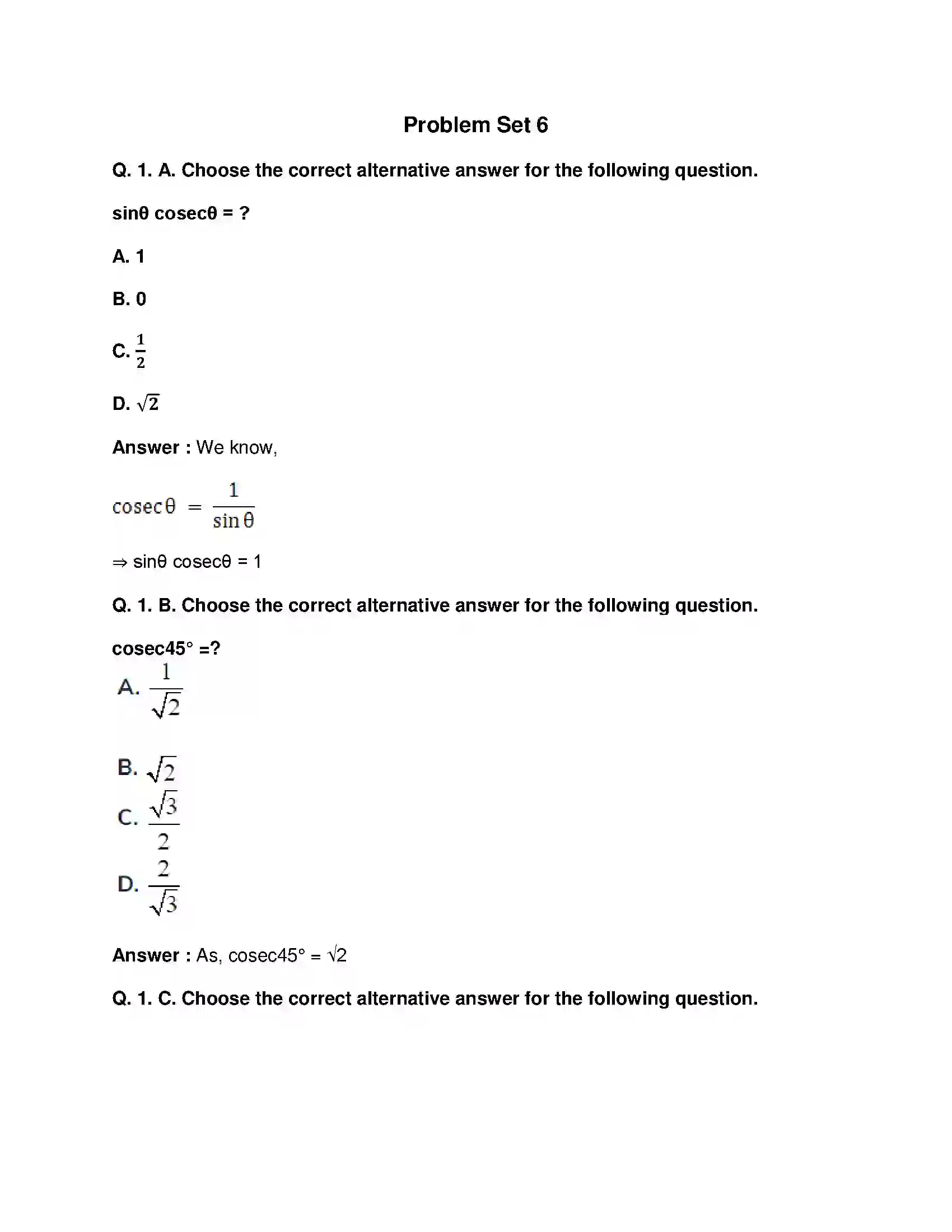 Maharashtra Board Class 10th Mathematics Part-II - English Medium Trigonometry Solution 20