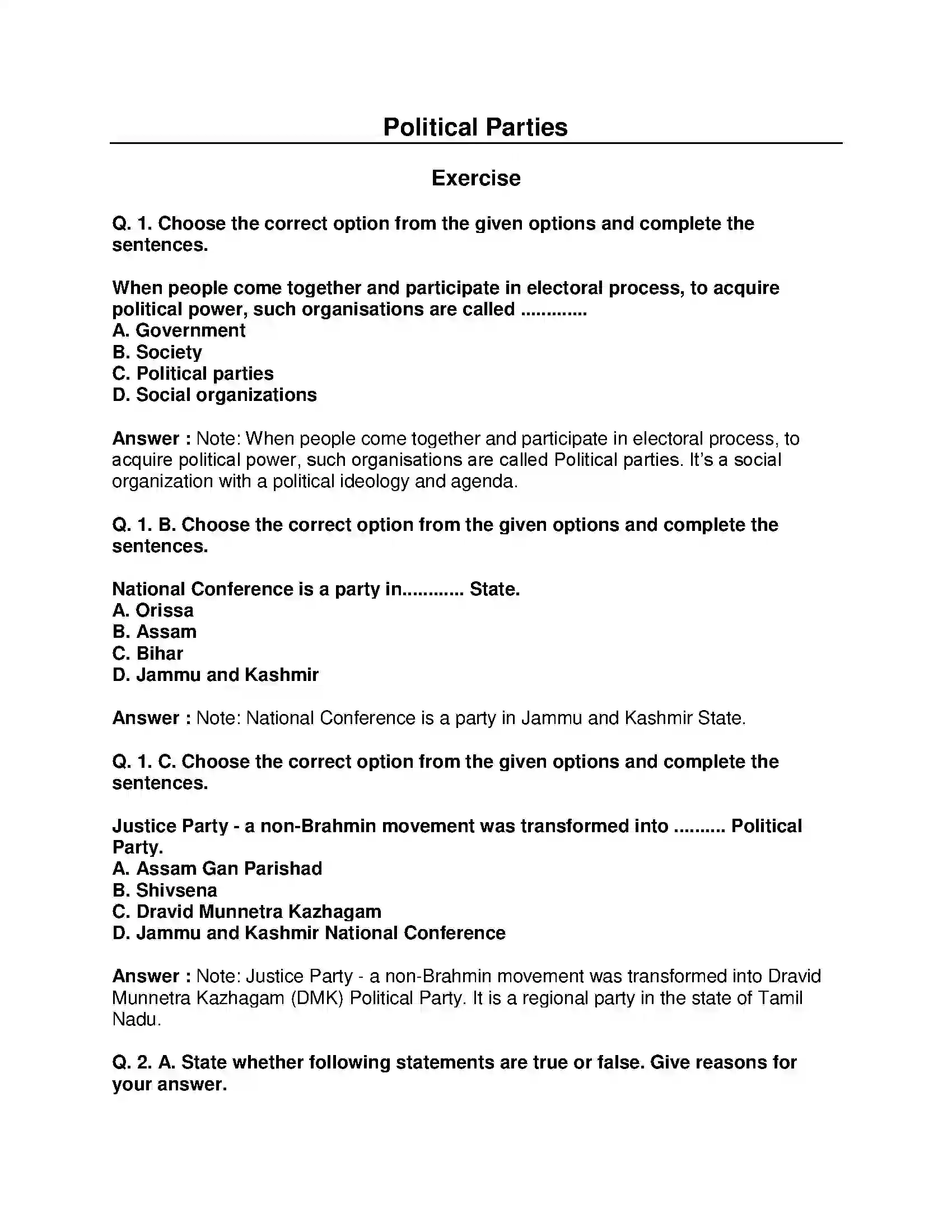 Maharashtra Board Class 10th Political Science - English Medium Political Parties Solution 1