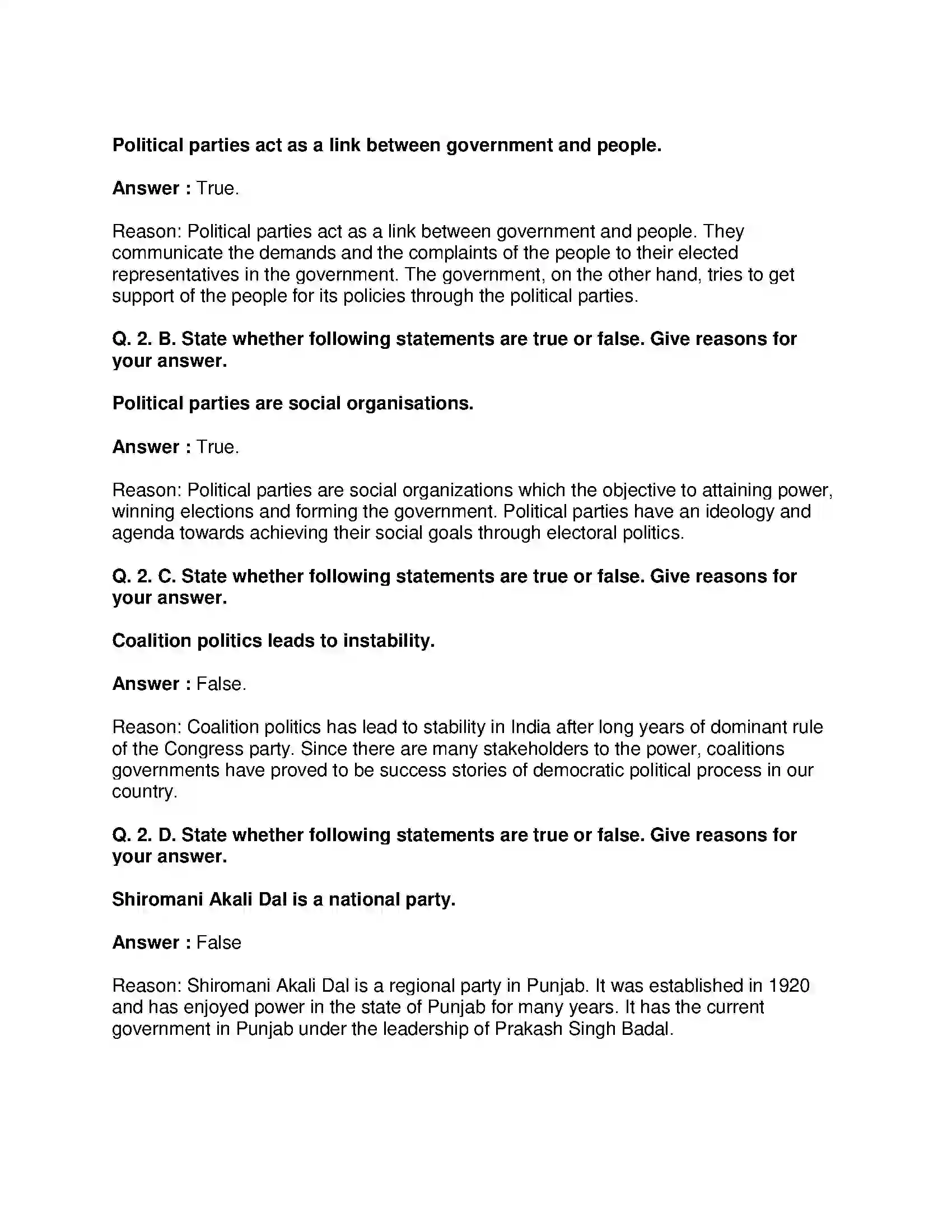 Maharashtra Board Class 10th Political Science - English Medium Political Parties Solution 2