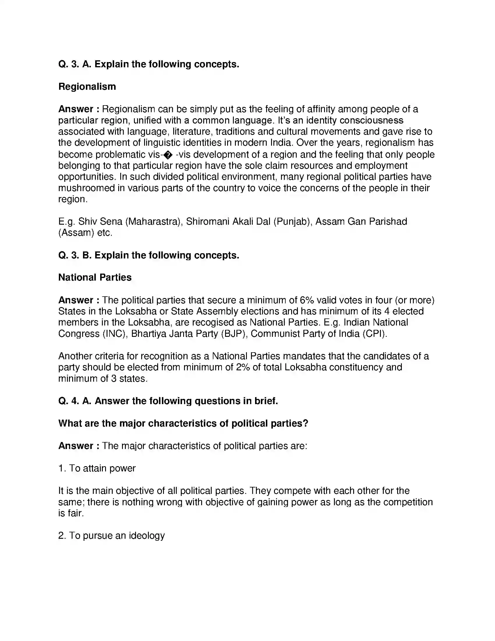 Maharashtra Board Class 10th Political Science - English Medium Political Parties Solution 3