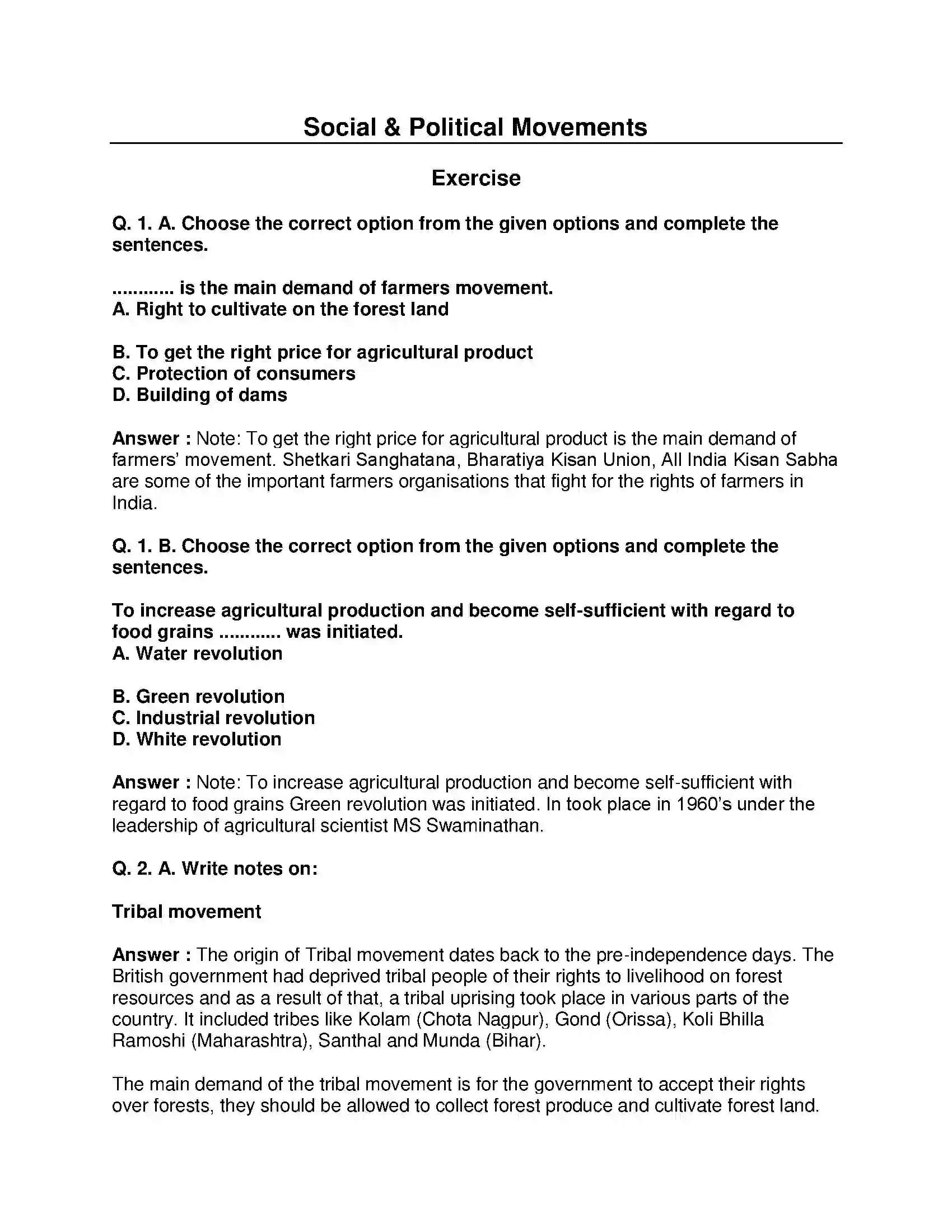 Maharashtra Board Class 10th Political Science - English Medium Social and Political Movements Solution 1