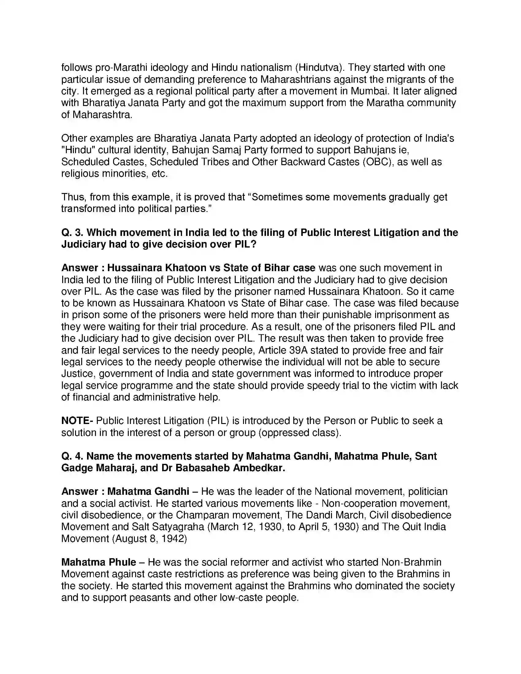 Maharashtra Board Class 10th Political Science - English Medium Social and Political Movements Solution 10