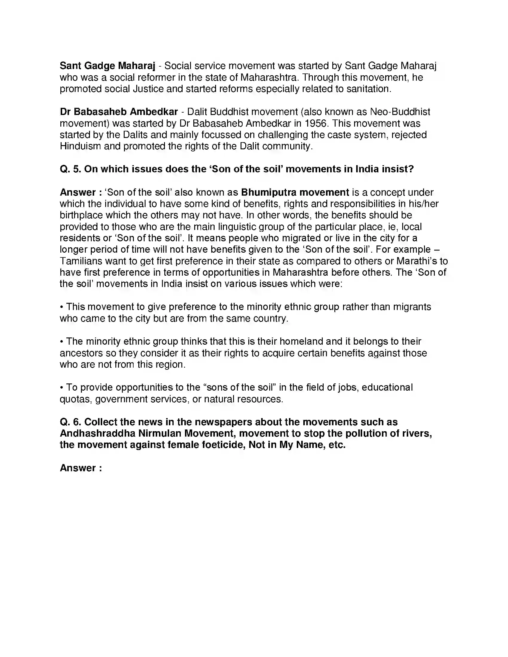 Maharashtra Board Class 10th Political Science - English Medium Social and Political Movements Solution 11
