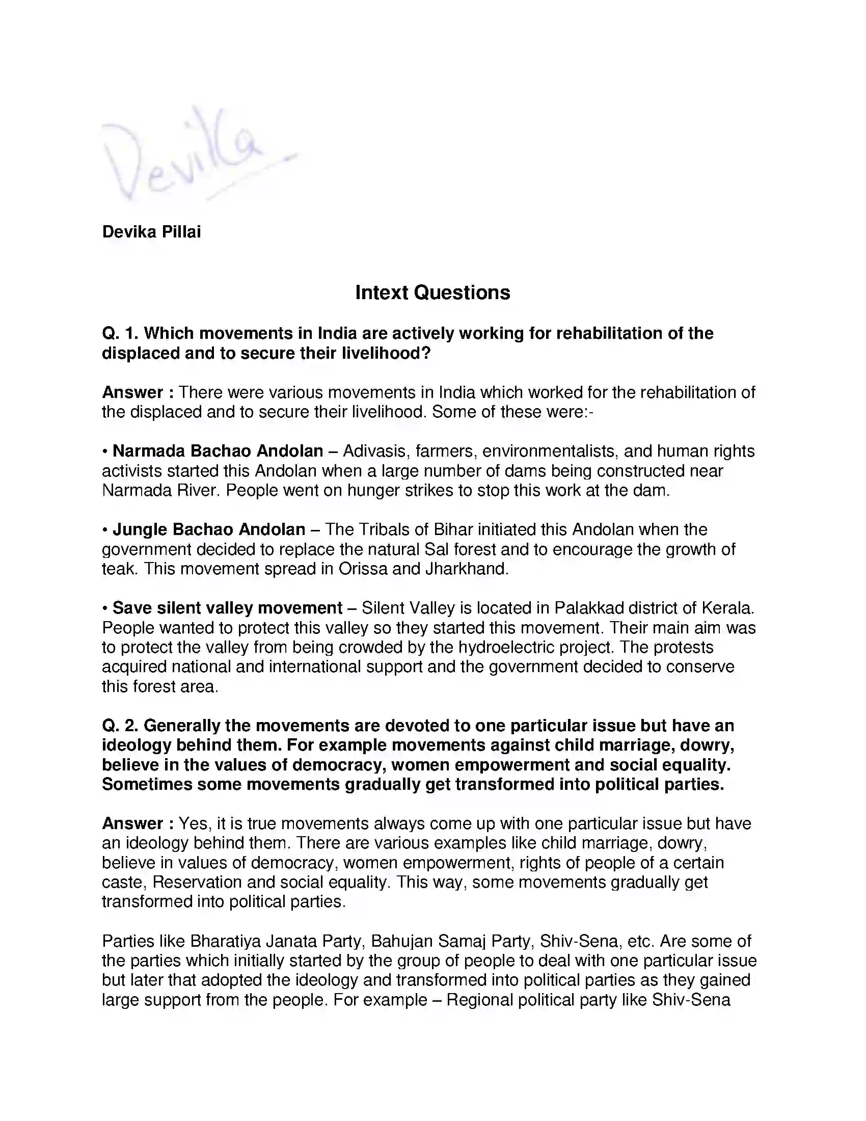 Maharashtra Board Class 10th Political Science - English Medium Social and Political Movements Solution 9