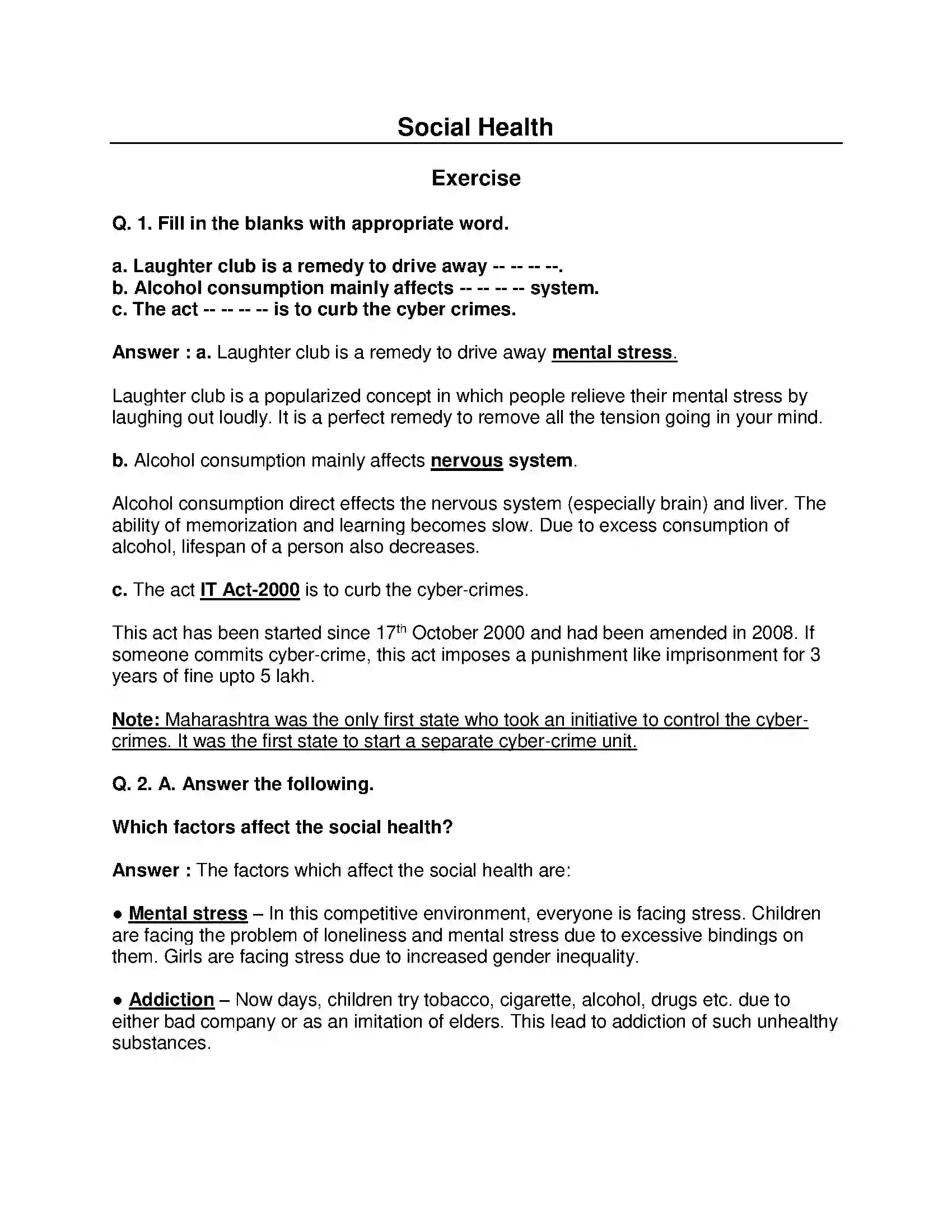 Maharashtra Board Class 10th Science & Technology-II - English Medium Social Health Solution 1