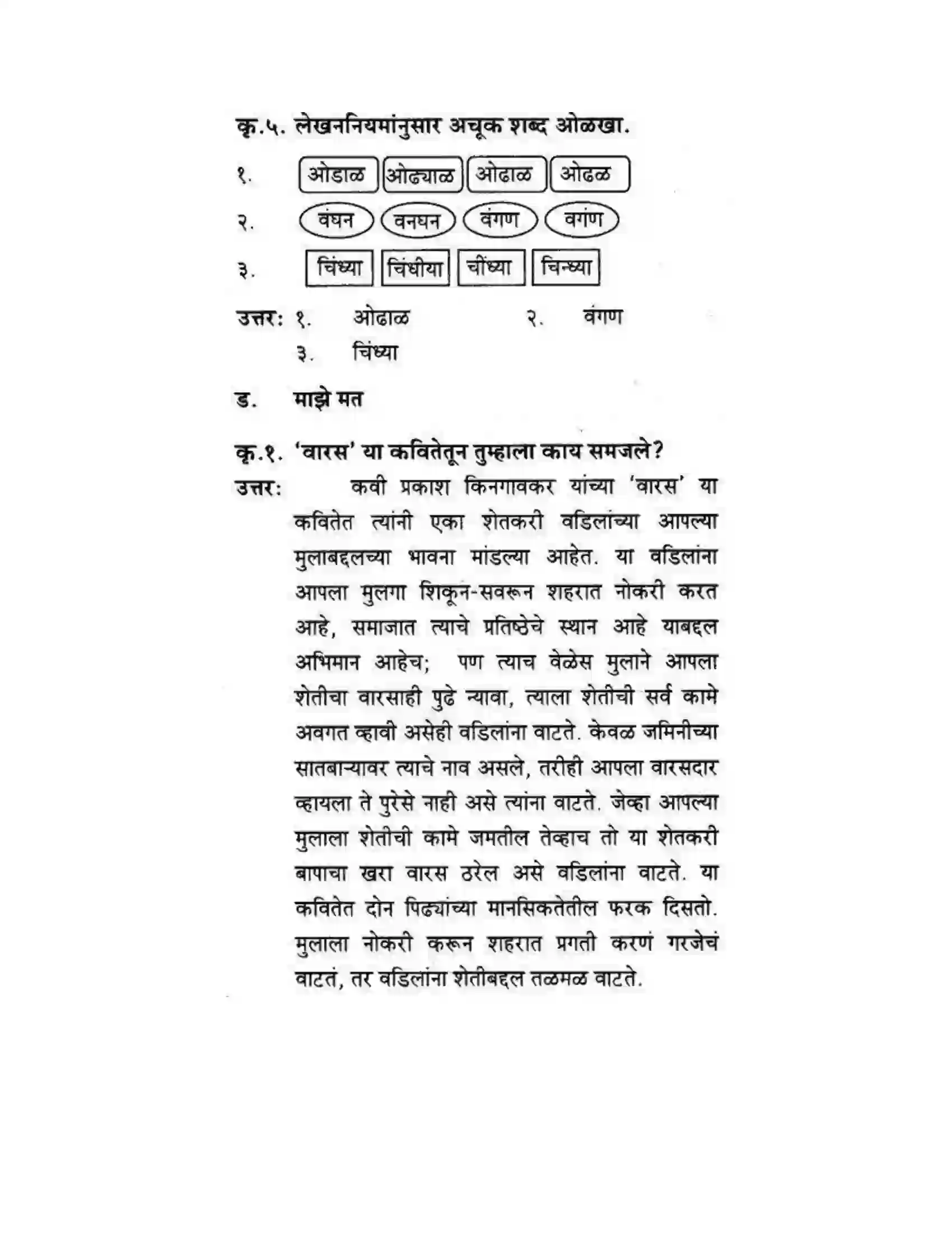 Maharashtra Board Class 10th कुमारभारती वारस - पद्य-विभाग Solution 11