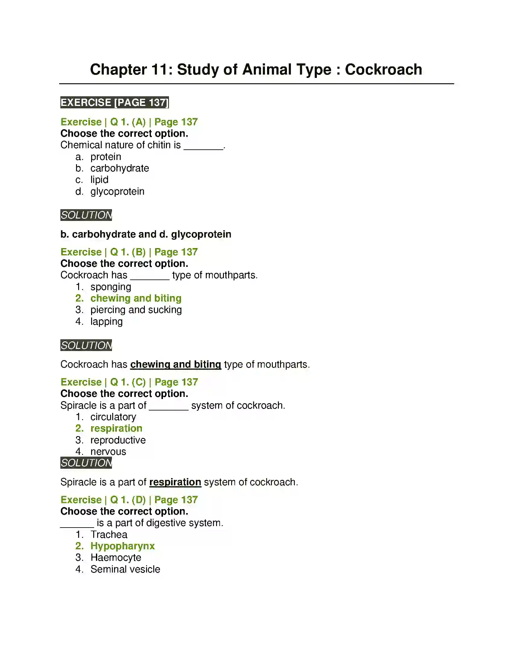 Maharashtra Board Class 11th Biology Study of Animal Type Cockroach Solution 1