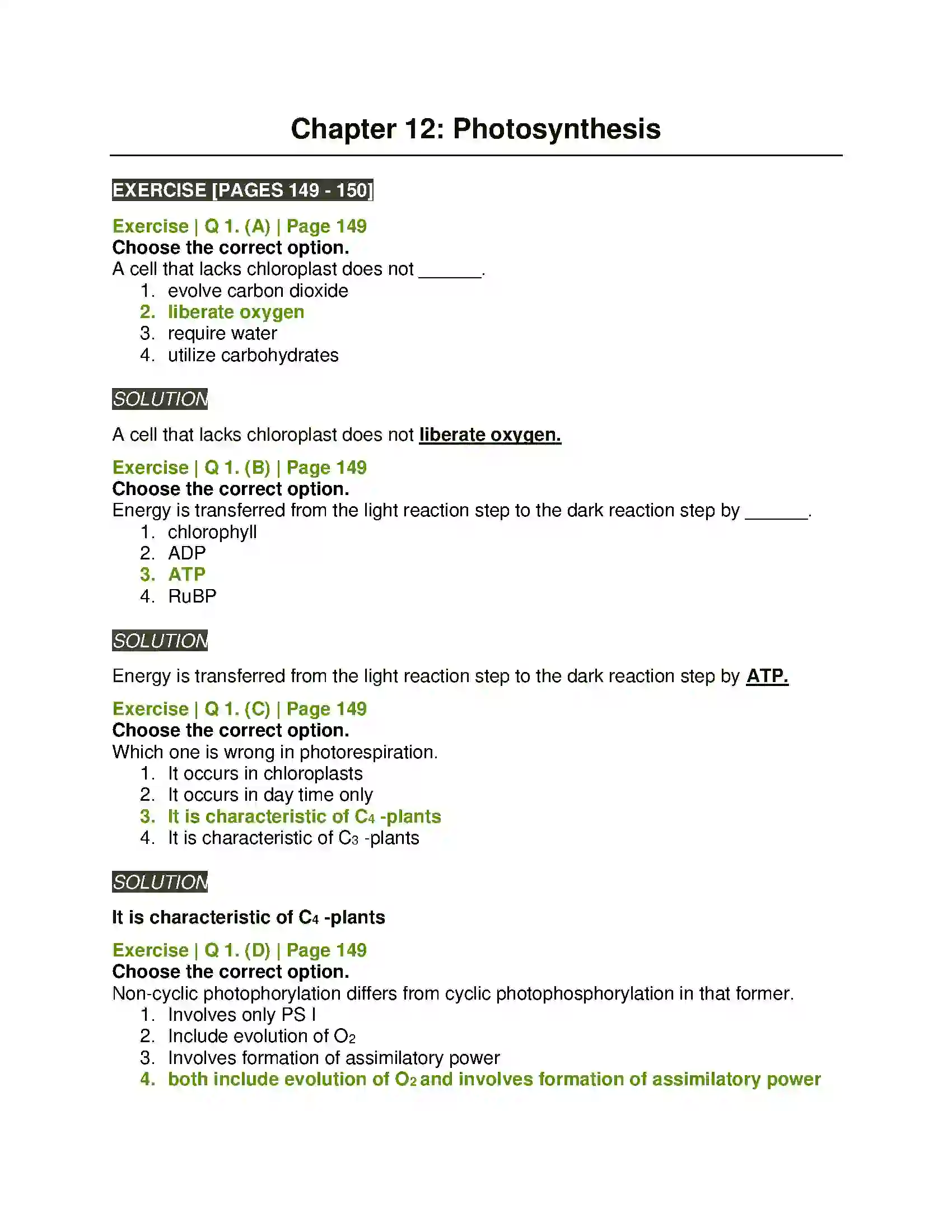 Maharashtra Board Class 11th Biology Photosynthesis Solution 1
