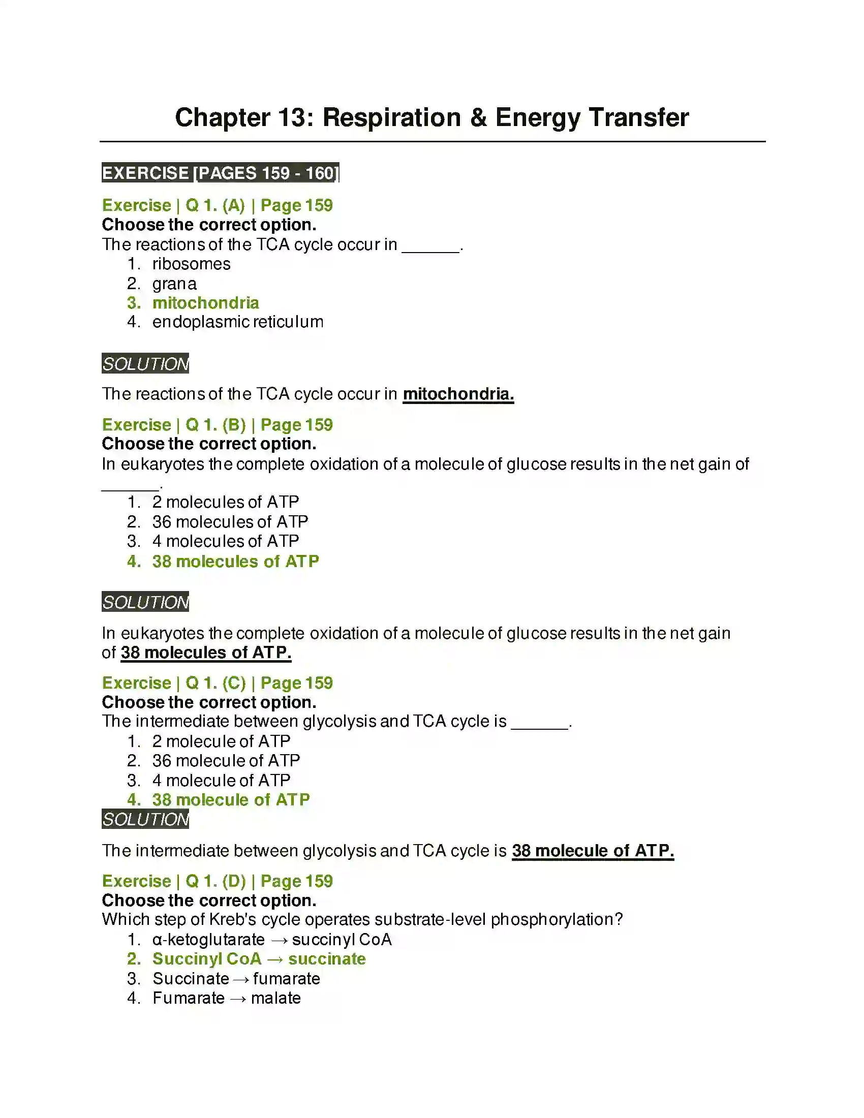 Maharashtra Board Class 11th Biology Respiration and Energy Transfer Solution 1